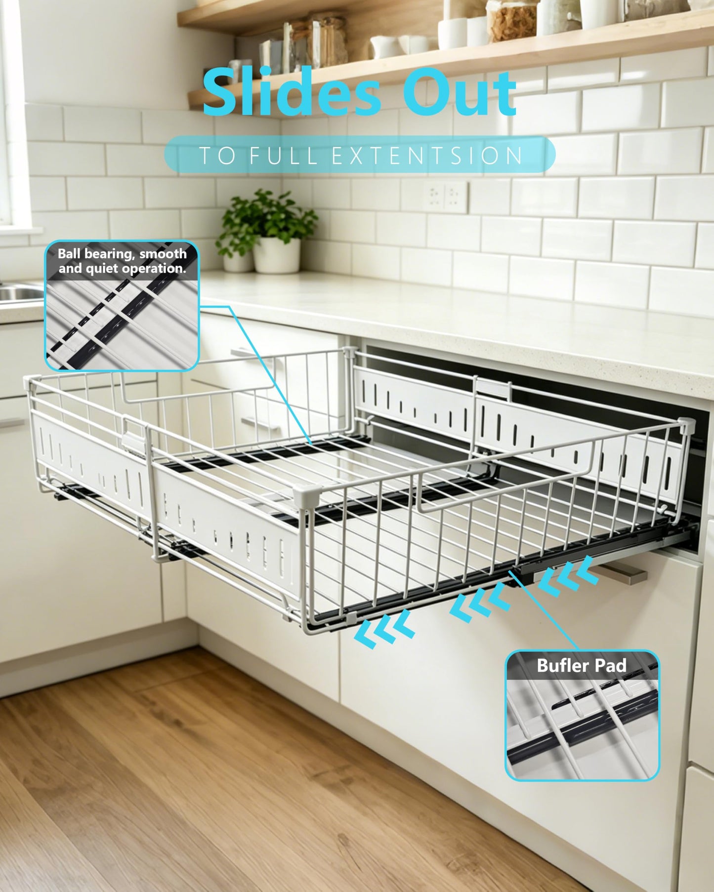 KimHong 2 Pack Pull Out Cabinet Organizer, Expandable Drawer Organizer with Adjustable Width 12.4"-19.5", Adhesive No Drill Under Cabinet Shelves for Home Kitchen Pantry with Silent Slides