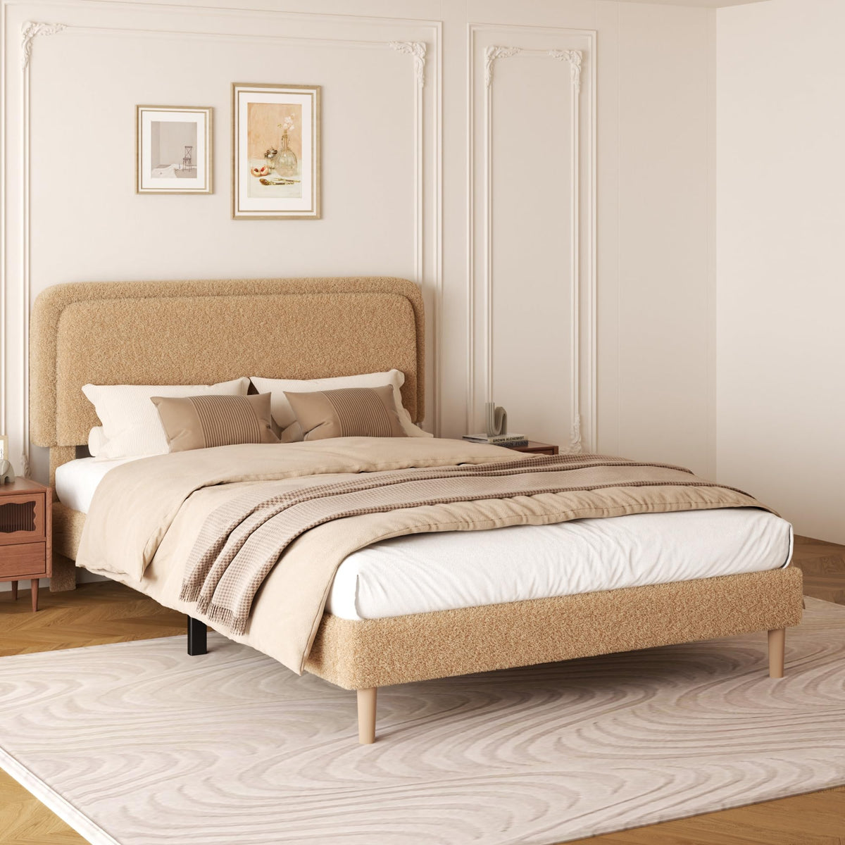 viplov Full Size Boucle Upholstered Platform Bed Frame with Adjustable Headboard, Soft Cloud Bed, No Box Spring Needed, Easy Assembly, Noise Free, Bworn