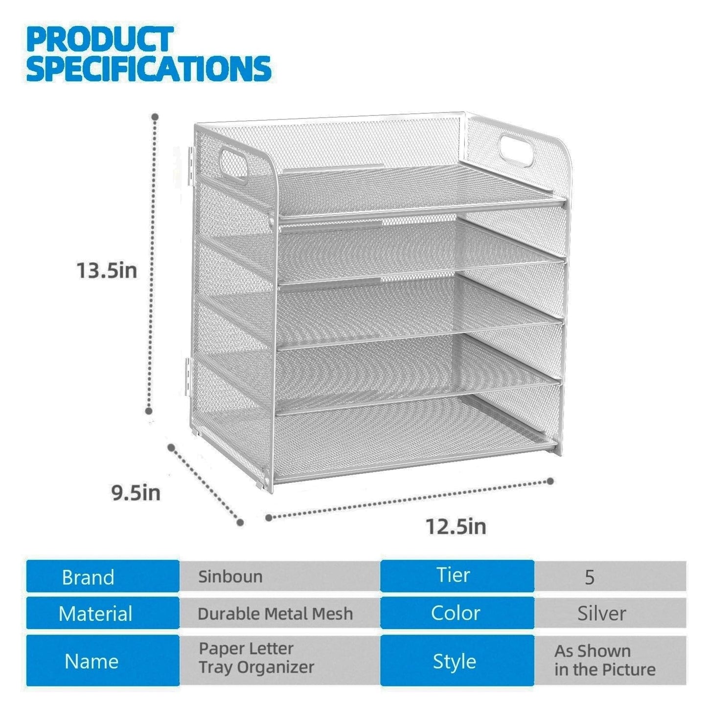Letter Tray Paper Organizer 5-Tier Desk Organizer File Organizer Paper Holder with Handle, Metal Desktop Document Shelf Tray Office Classroom Organization - Silver