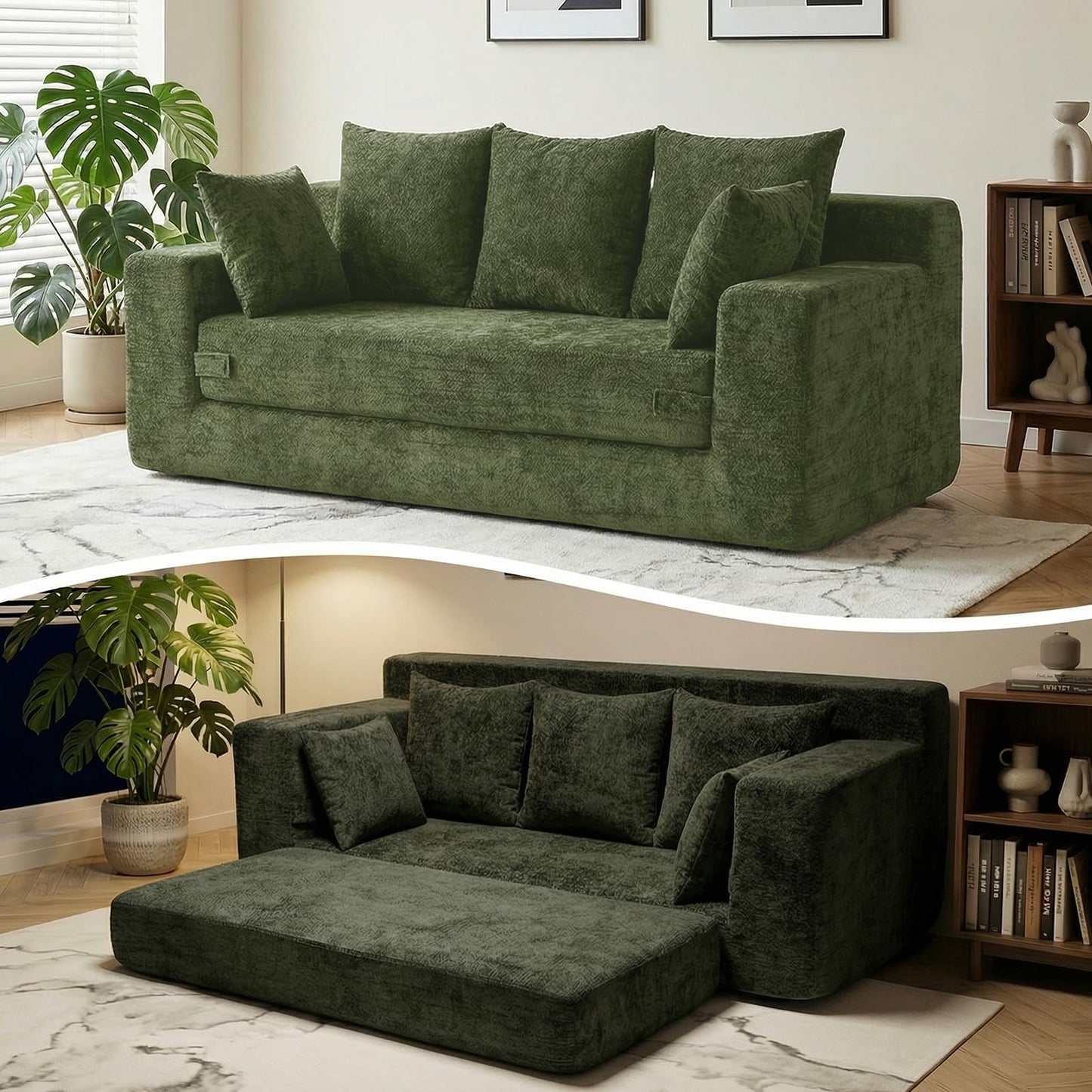 Winzoo Boneless Couches 70", 3 Seater Boneless Couch with Pull Out Sofa Bed, Boneless Couch Bed with 5 Pillows Green, Plush Velvet Sofa for Living Room & Bedroom