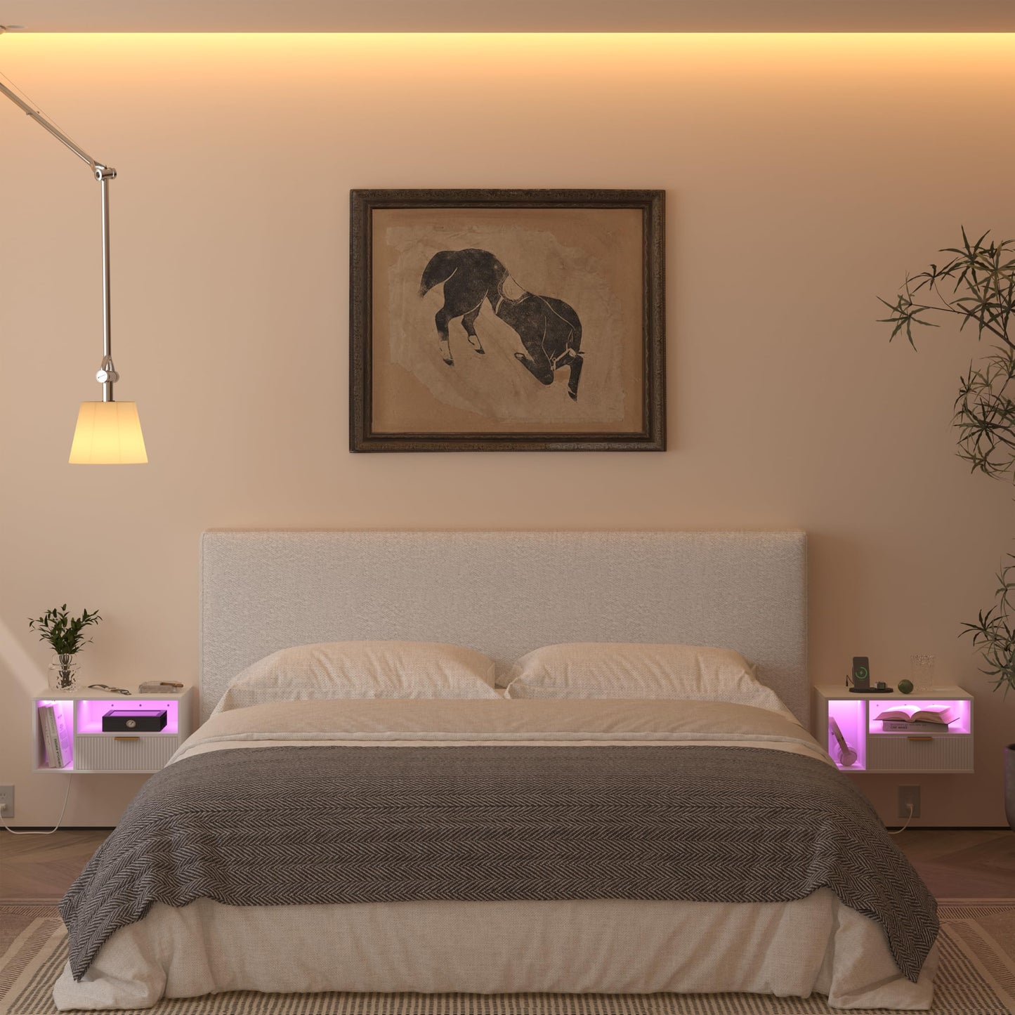 Veegle White Floating Nightstand with Charging Station and LED Lights,White