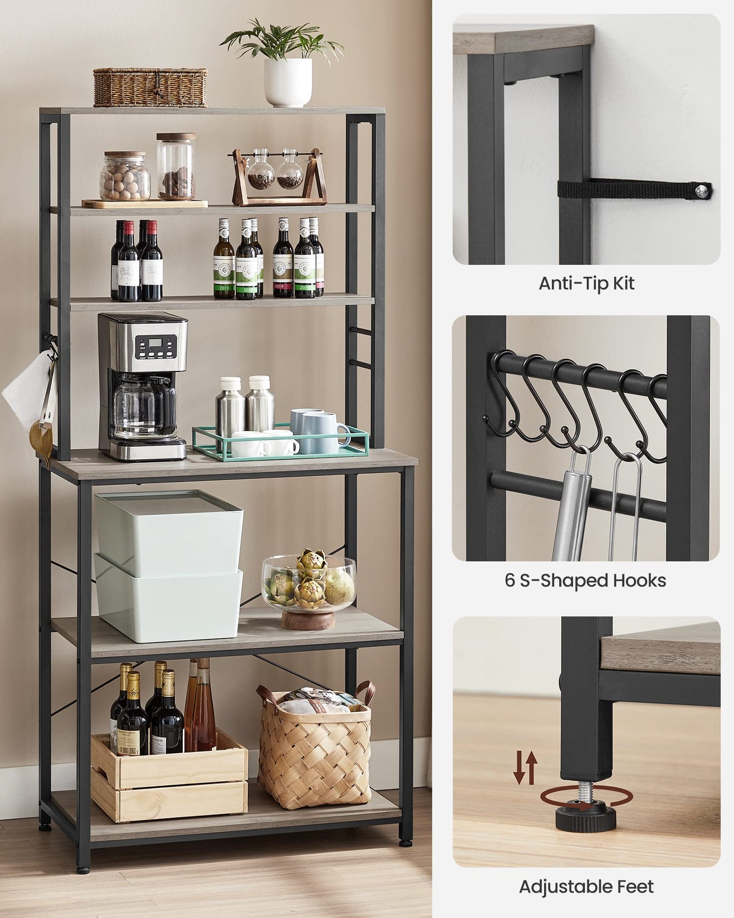 VASAGLE Coffee Bar, 31.5 Inches Baker's Rack for Kitchen with Storage, 6-Tier Kitchen Shelves with 6 Hooks, Microwave Stand, Industrial, Heather Greige and Ink Black UKKS019B02