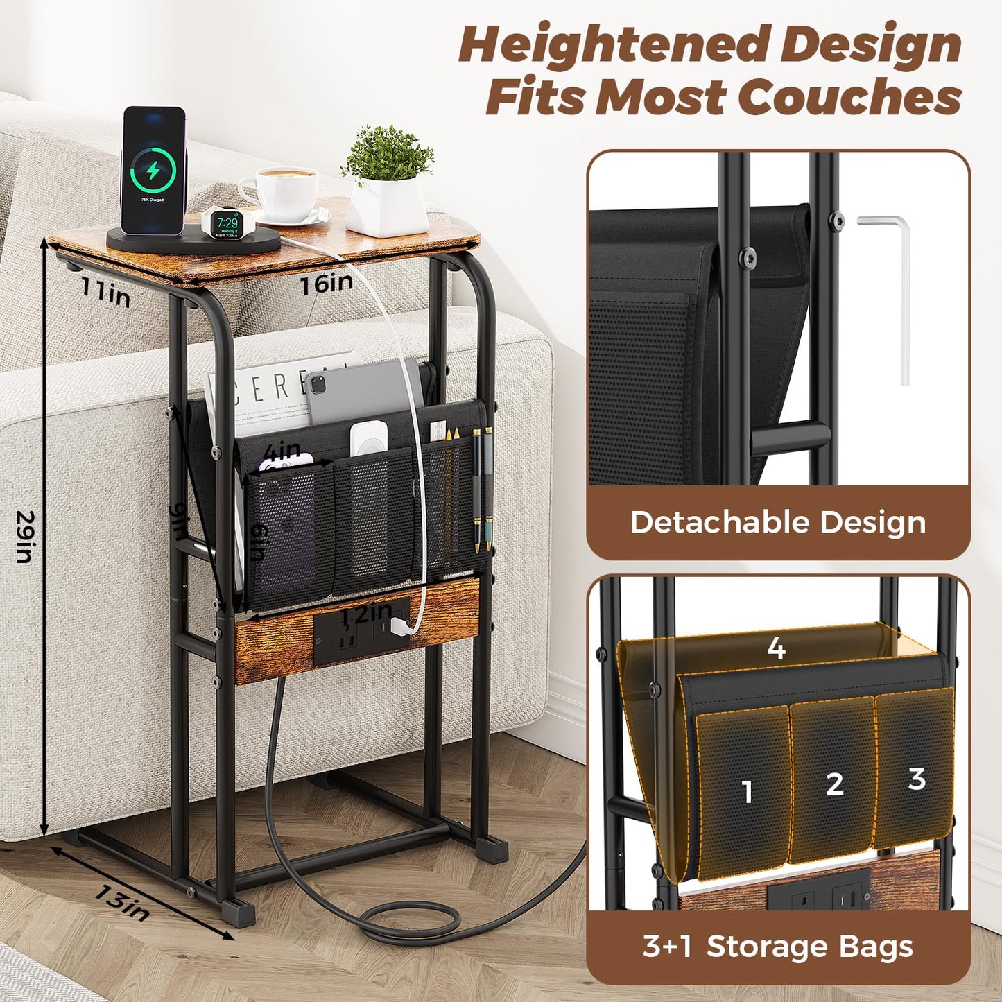 Olldide C-Shaped End Table with Charging Station and Storage Bag, Slide Under Couch Sofa Side Table, Metal Frame for Living Room, Bedroom, Small Space (Rustic Brown)