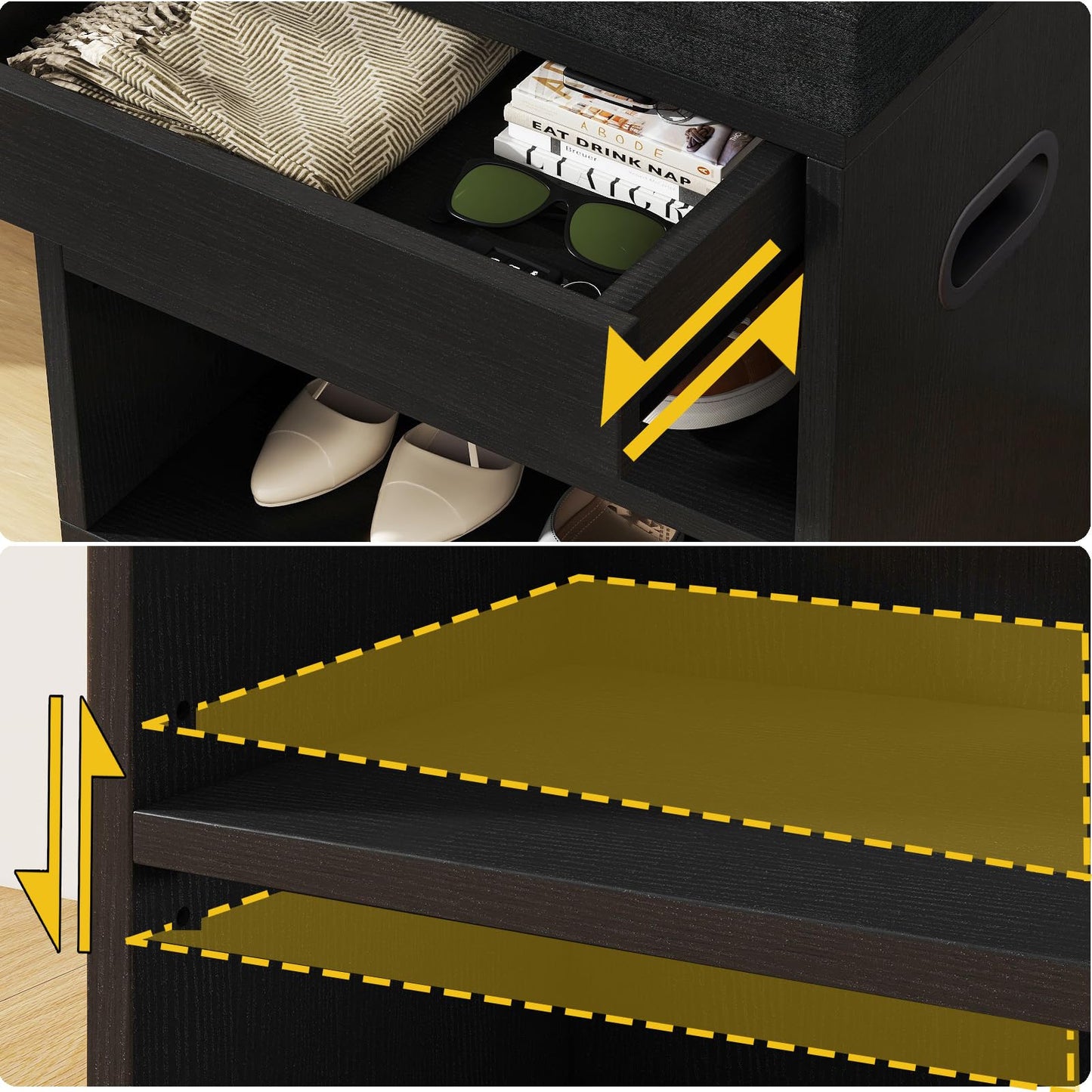 YMYNY Small Shoe Storage Bench with Cushion and Drawer, 2 Tier Adjustable Entryway Bench with Storage, Wooden Shoe Rack Bench for Entryway, Living Room, Hallway, Closet, Bedroom, Black, HSC002B