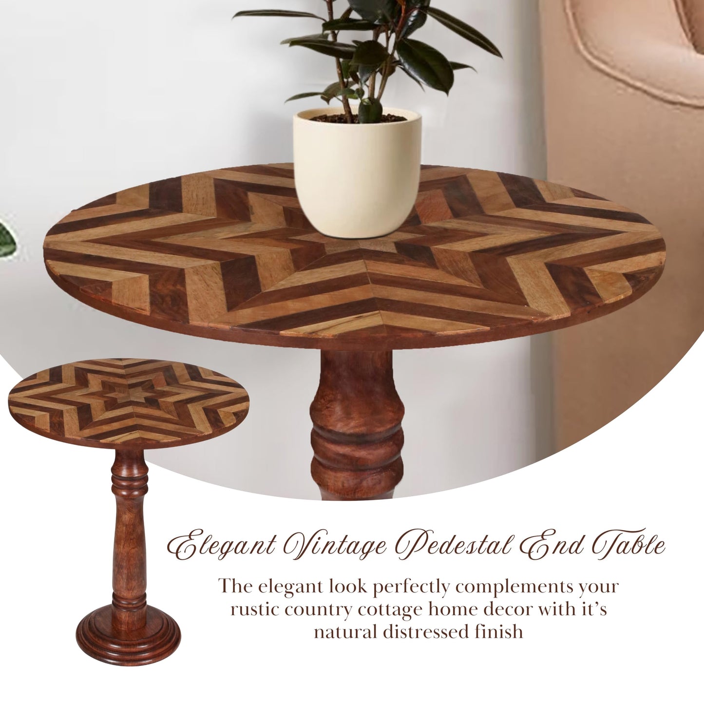 The Wooden Town Handcrafted Round Coffee Table for Living Room – 18x21.5 Inch Wooden End Table, Side Table, Accent Table – Solid Wood Small Table with Pillar Joint Design – Natural Finish