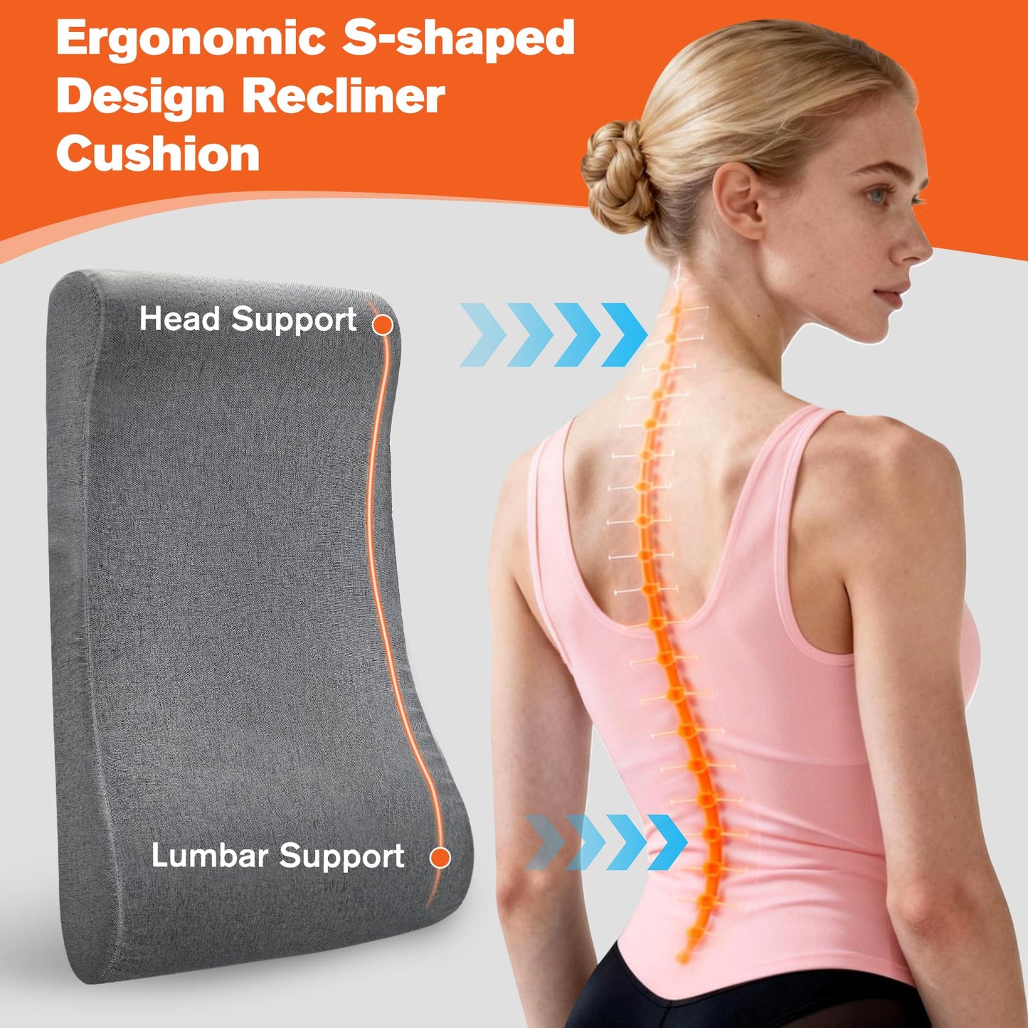 JZHLLA Recliner Neck and Lumbar Support Cushion for Recliner Couch & Glider Chair, Ergonomic S-Shaped Backrest Pillow, Breathable Cotton-Linen Foam, Non-Slip Backing, Removable Cover(Grey)