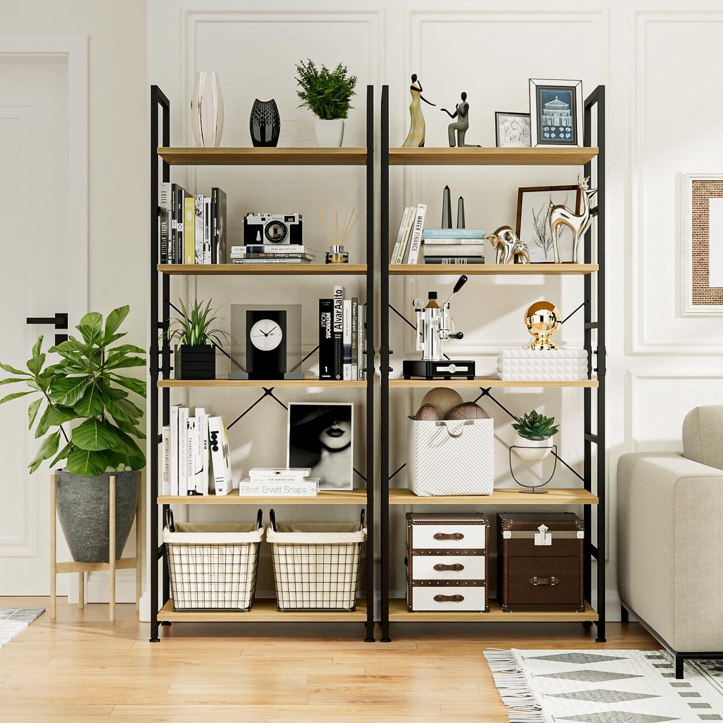 NUMENN 5 Tier Bookshelf, Tall Bookcase Shelf Storage Organizer, Modern Book Shelf for Bedroom, Living Room and Home Office, Natural
