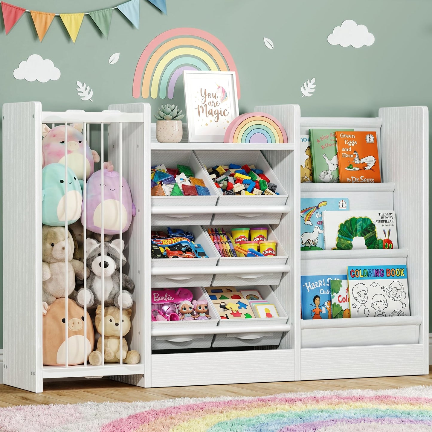 BOLUO Kids Toy Storage Organizer with Bookshelf, 3-in-1 Kid Book and Toy Storage Holder Shelves for Baby Toddler Playroom Living Room White