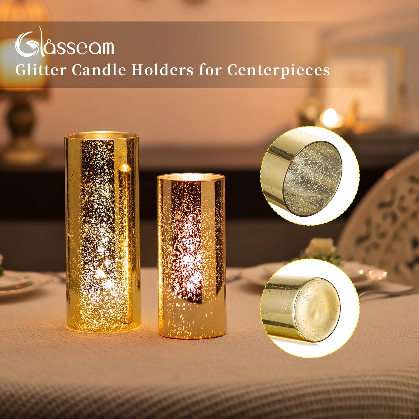 Glasseam Glass Cylinder Gold Candle Holder, Set of 12 Hurricane Candle Holders for Pillar Candles, Modern Mercury Floating Candle Holders for Table Centerpiece Wedding Living Room Home Decor