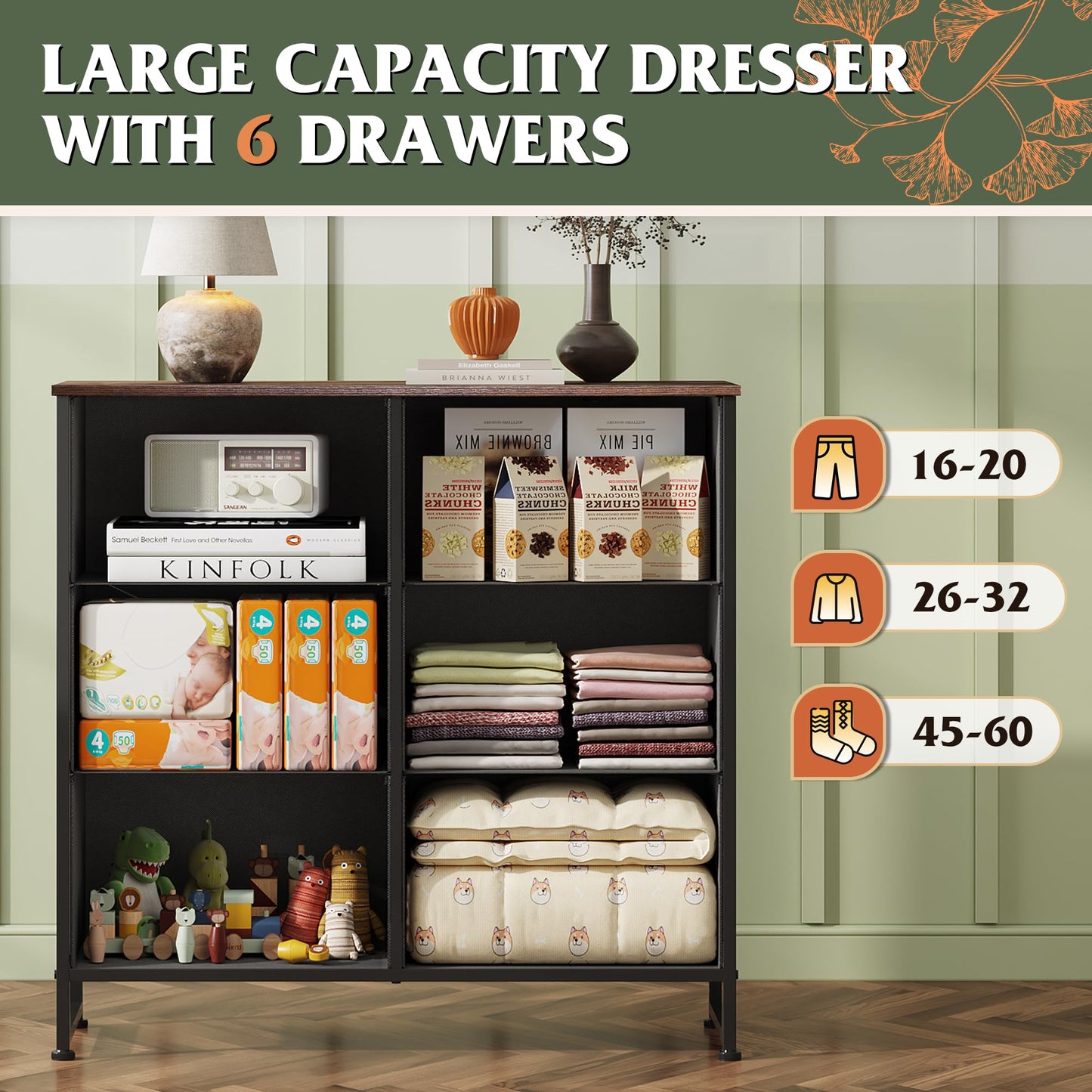 WLIVE Dresser for Bedroom with 6 Fabric Drawers, Closet Dresser with Metal Frame, Wooden Top, Chest of Drawers for Closet, Living Room, Hallway, Floral Painted