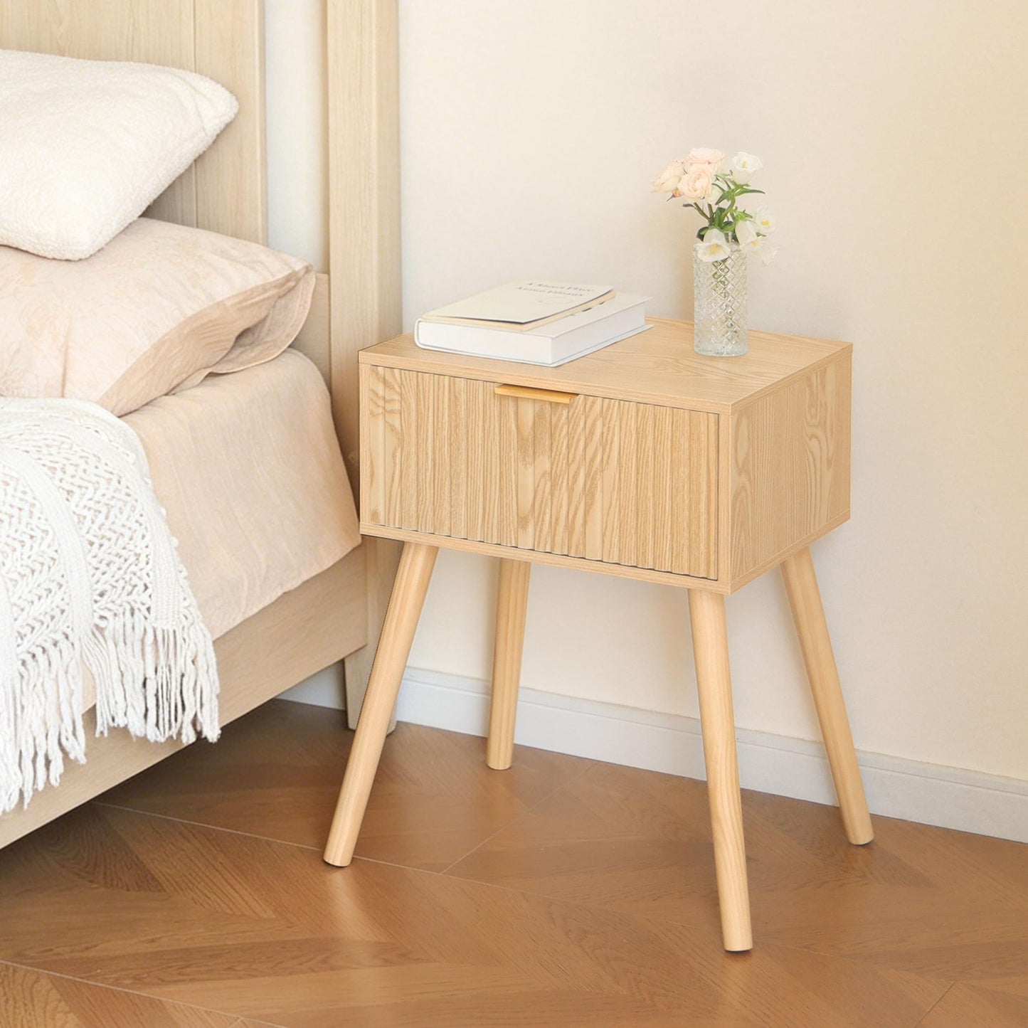 AWASEN Fluted Nightstand, Small End Tables Living Room, Wood Bedside Side Table with Storage Drawer for Bedroom and Small Space, Natural