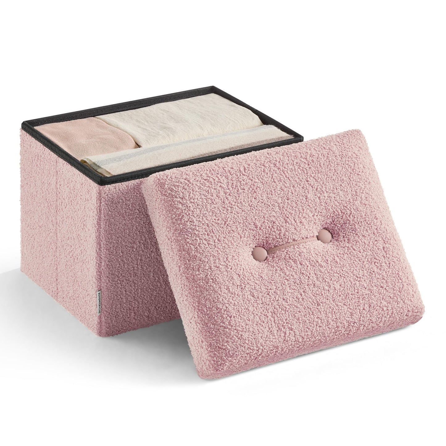 SONGMICS Small Folding Storage Ottoman, Foot Rest Stool, 12.2 x 16.1 x 12.2 Inches, Ottoman with Storage, Load up to 286 lb, for Living Room, Bedroom, Dorm, Jelly Pink ULSF094R01