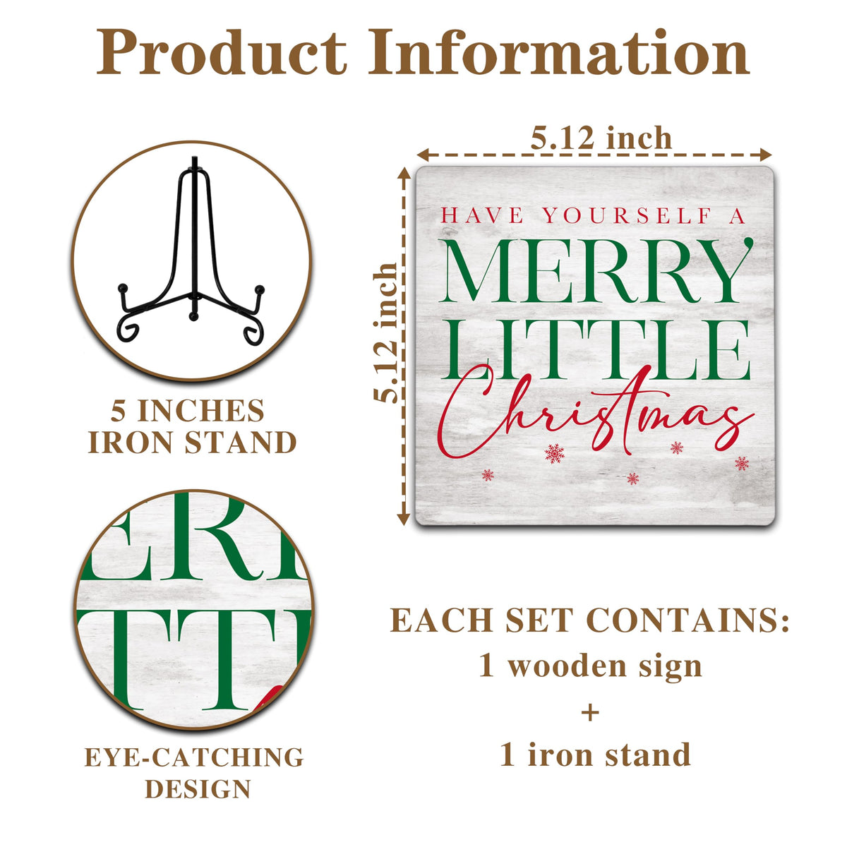 Cazhes Christmas Wooden Decor, Red & Green Merry Christmas Sign Decorations for Home Bedroom, 5x5 Inches Xmas Decor with Iron Stand, Birthday New Year Gifts -G05