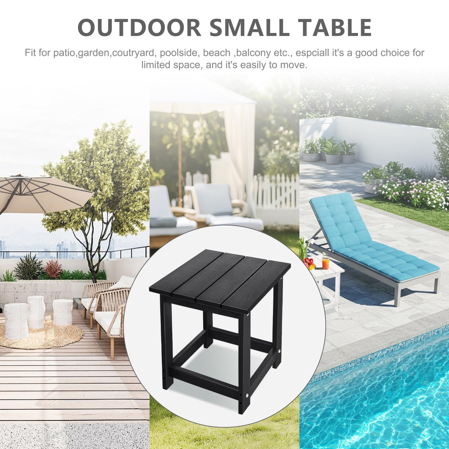 LZRS Square Patio Side Table, Heavy Duty HDPE Outdoor End Table with Wood Texture, Weatherproof Composite Table for Adirondack Chairs, Deck, Pool, Indoor/Outdoor, No Peeling or Cracking(Black)
