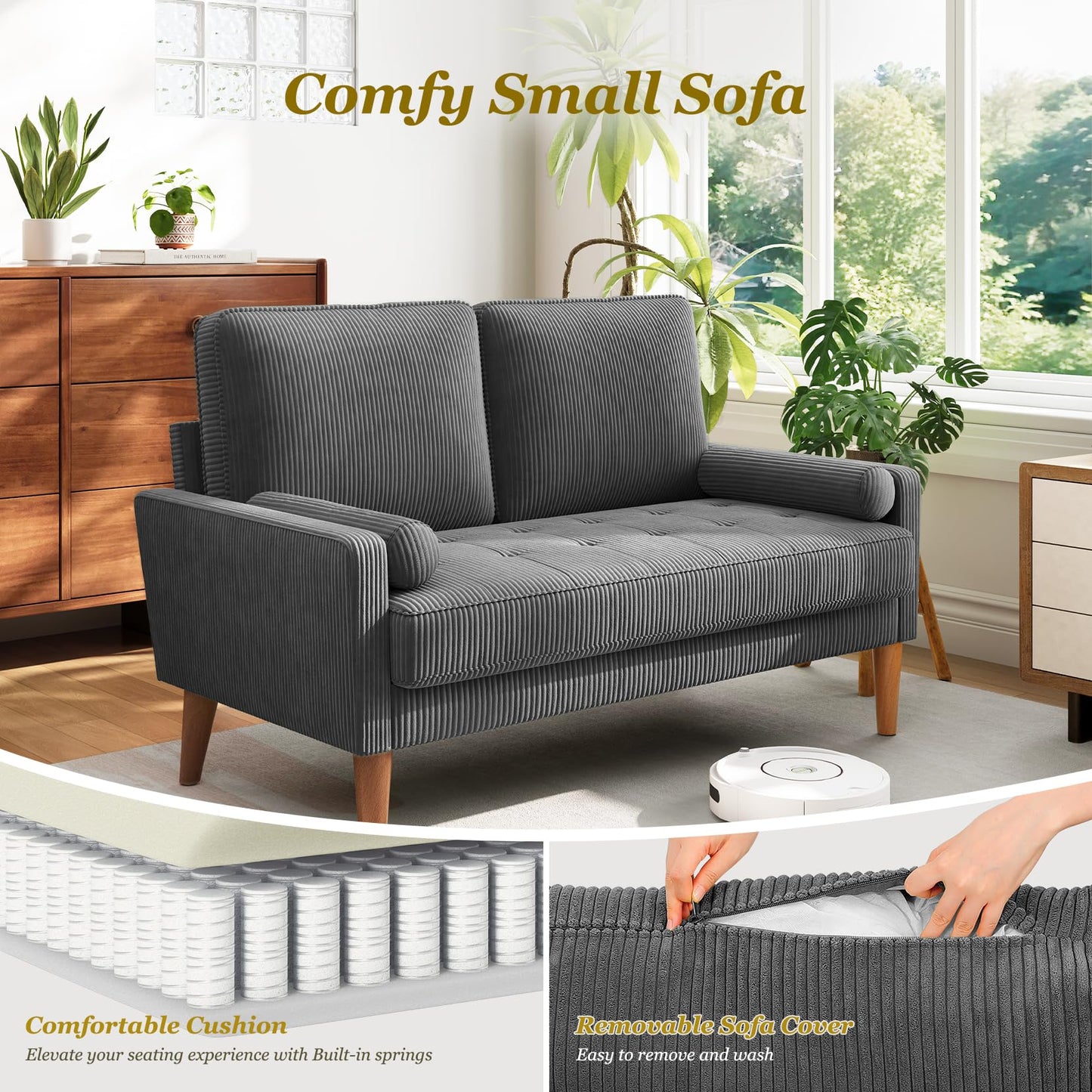 Vesgantti Loveseat Sofa with Solid Wood Legs, Small Corduroy Couches for Small Spaces, Mid Century Modern Love Seat for Living Room, Bedroom, Easy Assembly with Throw Pillow, Grey