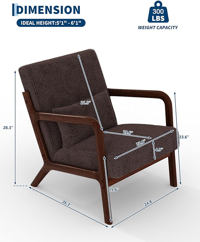 Garvee Mid-Century Modern Accent Chair, Sherpa Upholstery, Solid Wood Armchair