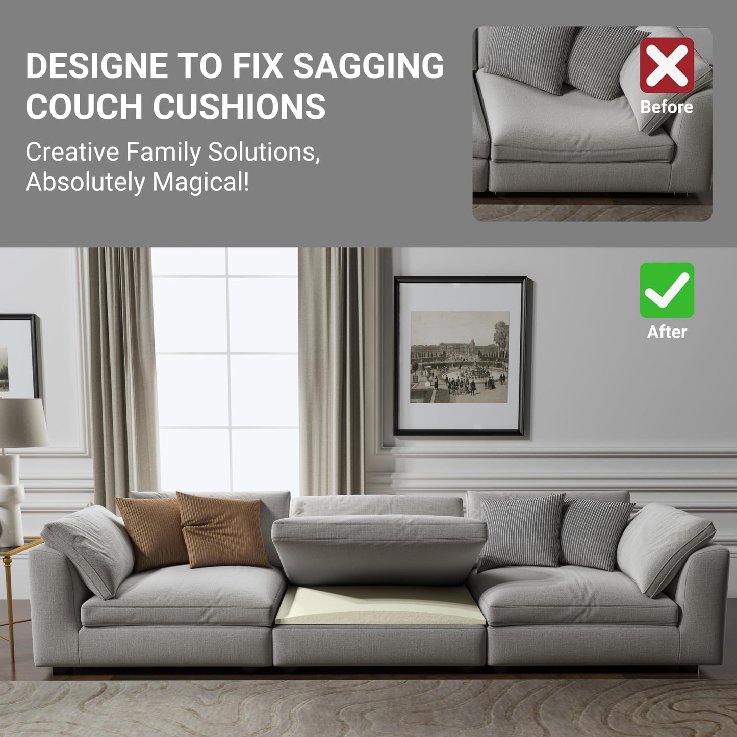 N NOORDENIYA Couch Cushion Support for Sagging Seat, High Density Foam Sofa Support Replacement for Furniture, Curved Couch Supporter for Under The Cushions, Beige Set of 3