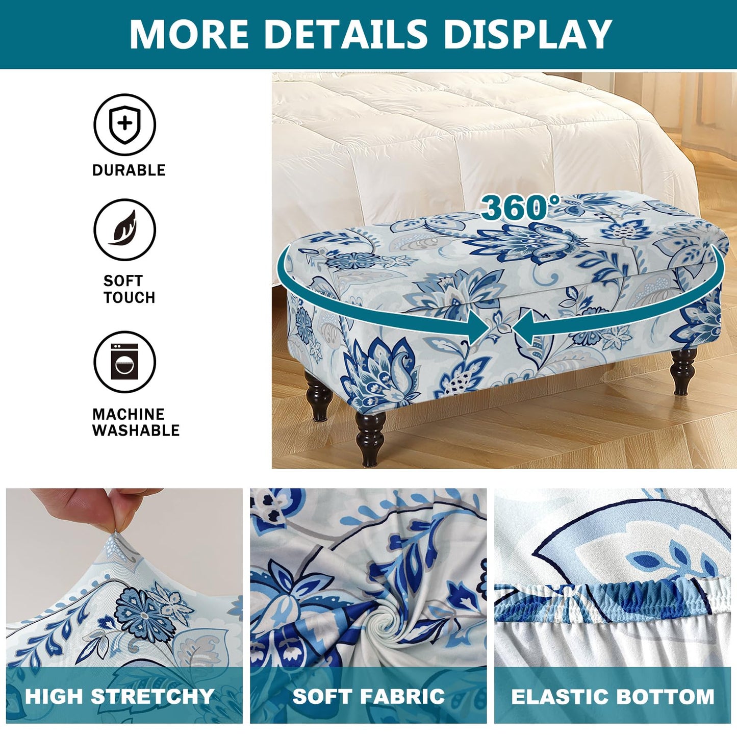 KRFOONN Rectangle Ottoman Covers Stretch Folding Storage Ottoman Bench Cover Printed Storage Footstool Covers Footrest Stool Slipcover Furniture Protector for Living Room Bedroom Bench (Small, 15)