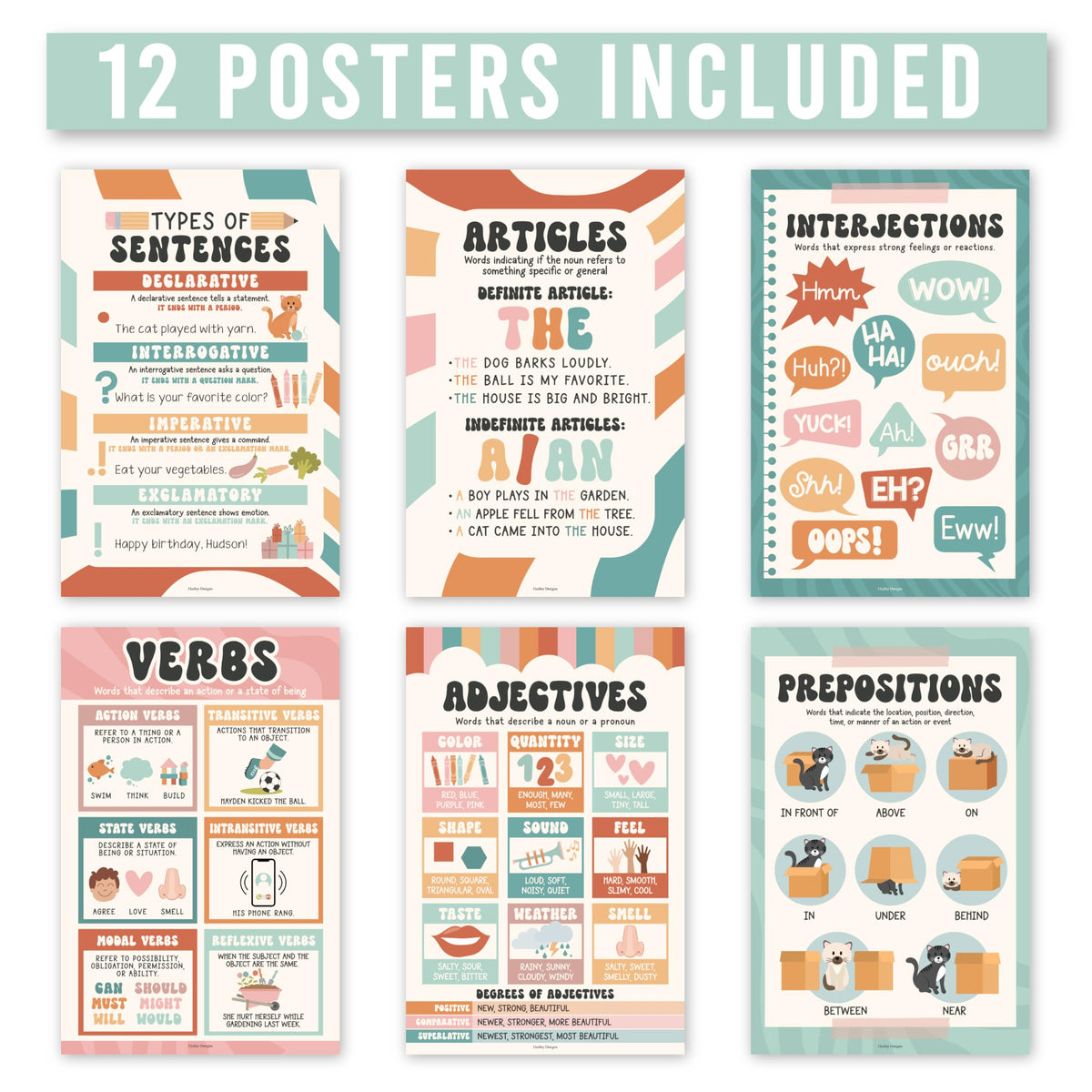 Parts of Speech Posters for Classroom Must Haves - 12 Grammar Posters, Writing Process for Homeschool, Elementary & Middle School, ELA 3rd 4th & 5th Grade Teacher Must Haves, Retro Classroom Decor