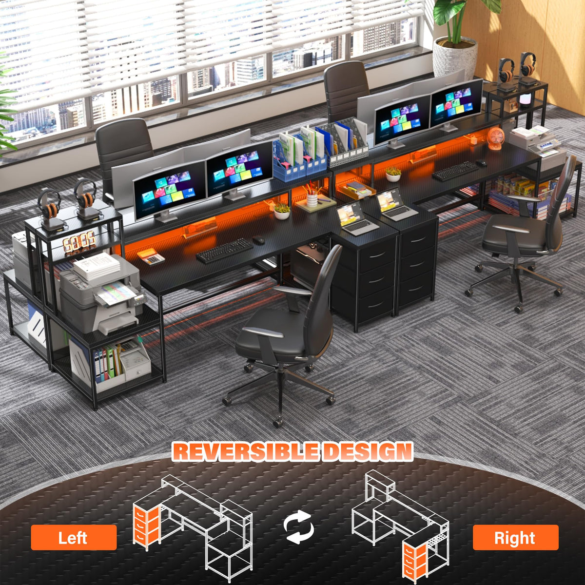 71" L Shaped Gaming Desk with 3 Drawers & Hutch,Computer Desk with Monitor Stand & Power Outlet,Home Office Desk Reversible Black Desk with LED Light,Printer Shelf for Home Office,Black Carbon Fiber