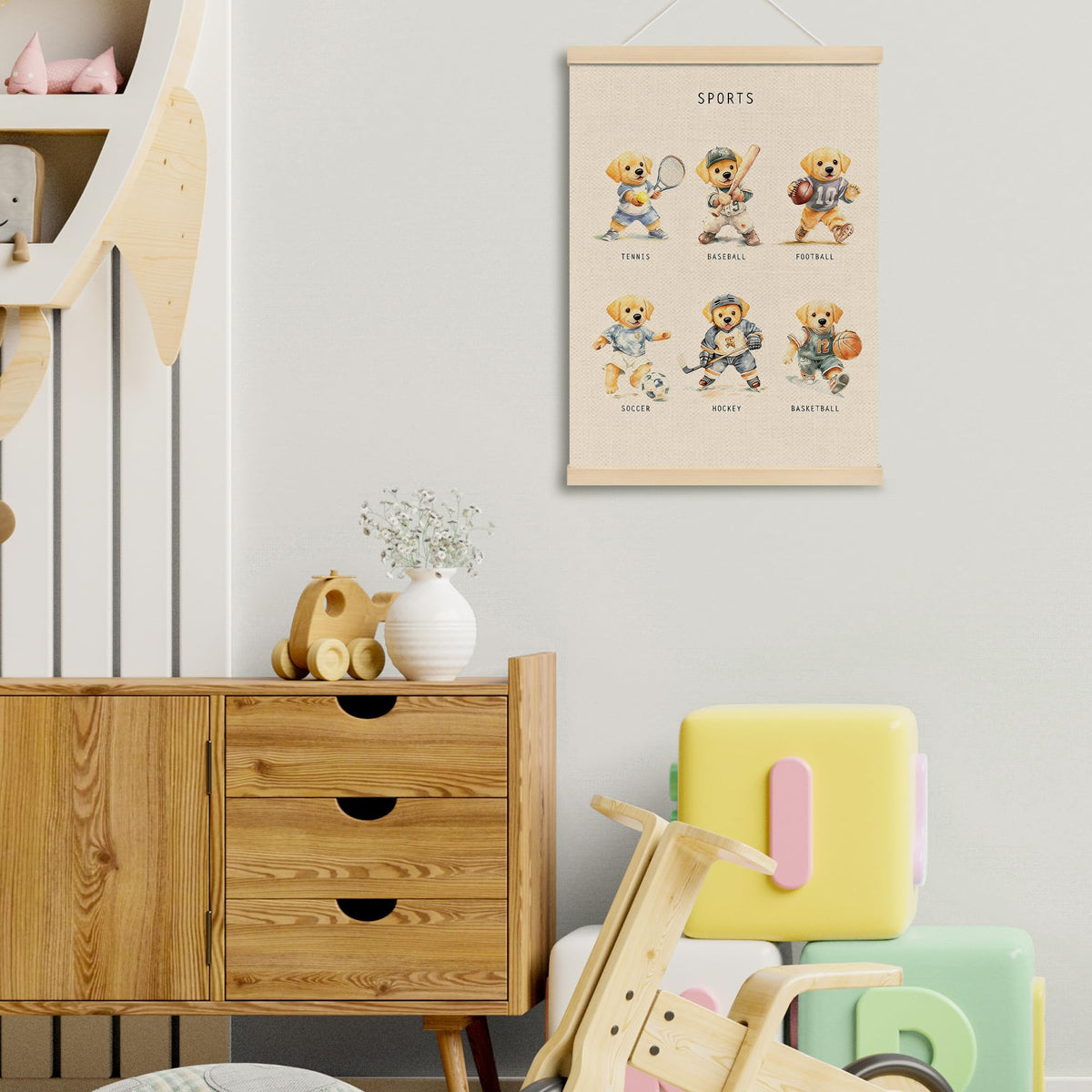 MOTERMATE Labrador Retriever Sports Poster Hanger Frame, Sports Nursery Wall Hanging Decor Art Framed for Toddler Kids Boy Nursery Room Bedroom Playroom, Yellow Lab Dog Wall Poster Prints, 12x16 Inch