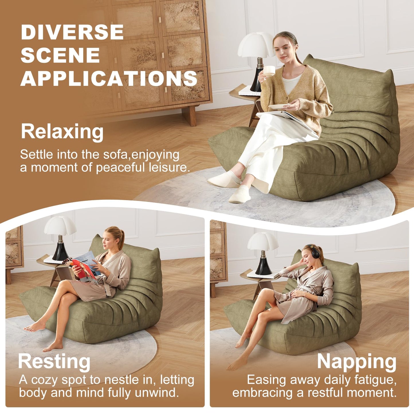 Bean Bag Chair for Adults, Bean Bag Sofa - Adult Size with Soft Waterproof Fabric for Living Room, Apartments, Reading Corner, Gaming, and Movie Venue (Olive Green)