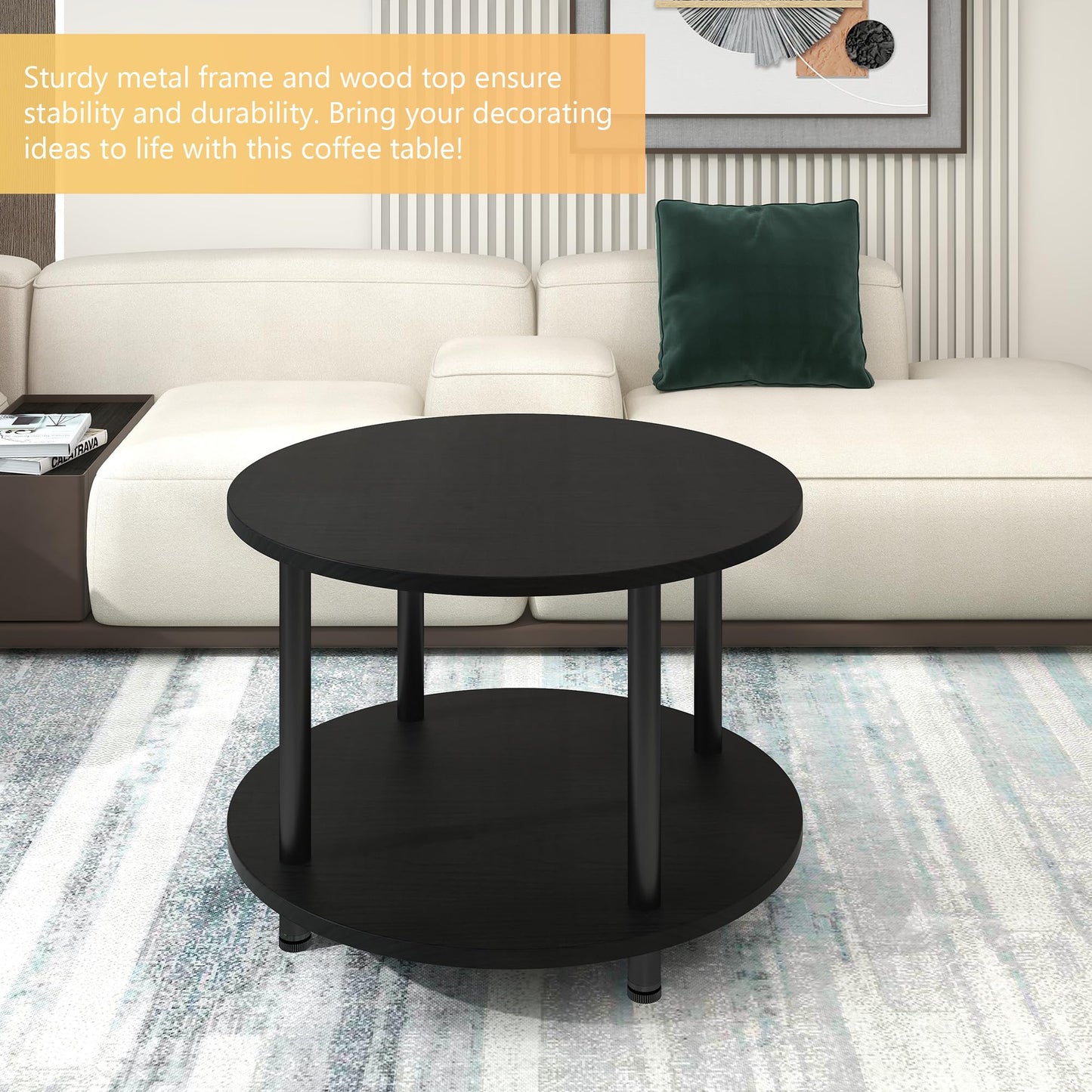 VERFARM 23.6" Round Coffee Table, 2-Tier Small Circle Coffee Table with Storage, Modern Center Accent Table with Metal Frame, Side Table End Table for Small Space, Living Room, Office, Black