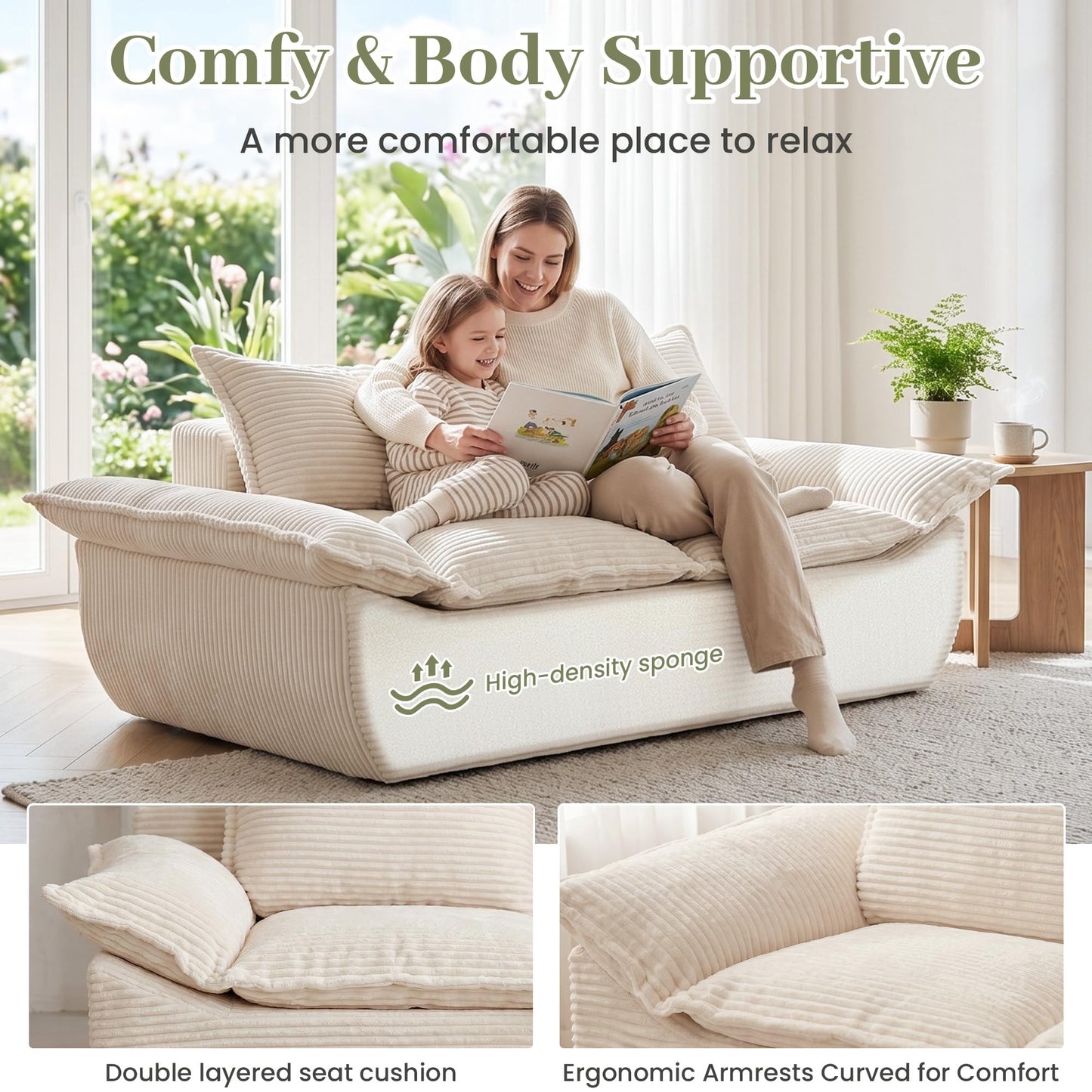 JUIKURY 55" Convertible Corduroy Sofa Bed, Boneless Foldable Loveseat Sleeper Couch, Compressed Foam Floor Sofa with Removable Cushions & Pillows for Small Space Living Room