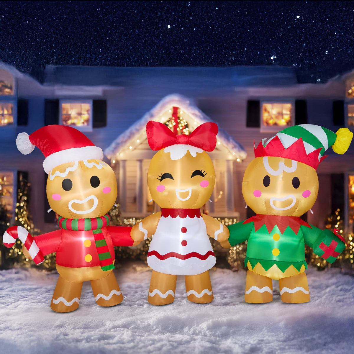 Joiedomi 8 FT Long Christmas Inflatable Gingerbread Decoration, Christmas Blow Ups Three Gingerbread Men Yard Decoration with LEDs, Cute Xmas Gingerbread Inflatable for Outdoor Yard Garden Lawn Decor