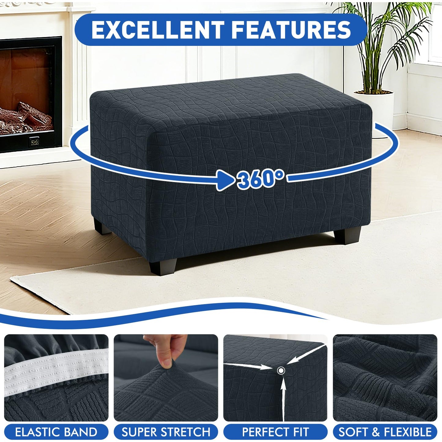 MAXIJIN Waterproof Ottoman Cover Rectangle Stretch Ottoman Slipcovers Square Thick Stool Covers Storage Footrest Furniture Protector with Non-Slip Elastic Bottom (Small, Dark Gray)