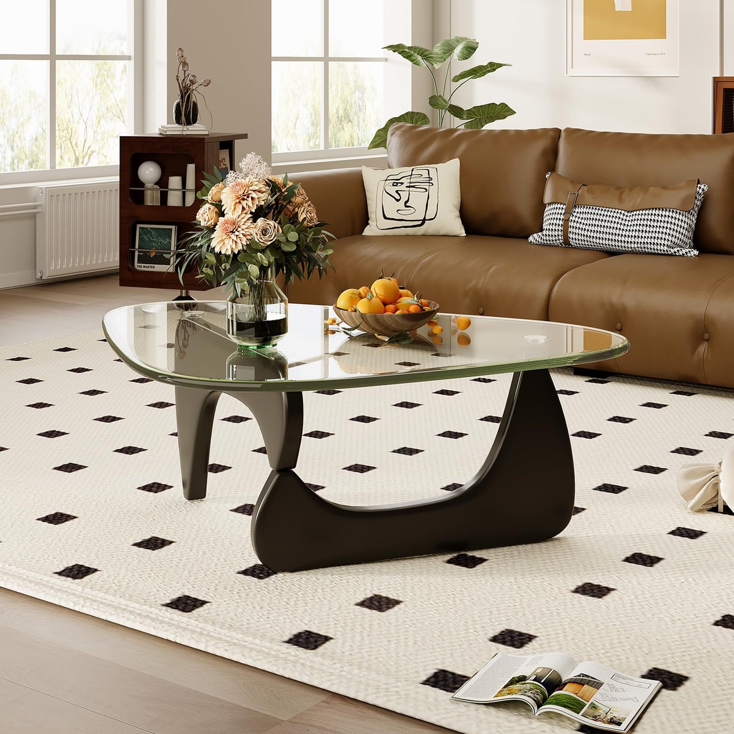 JCAJCA Coffee Table for Living Room Mid Century Modern Center Table with Glass Top, 32 Inch, Black/Transparent