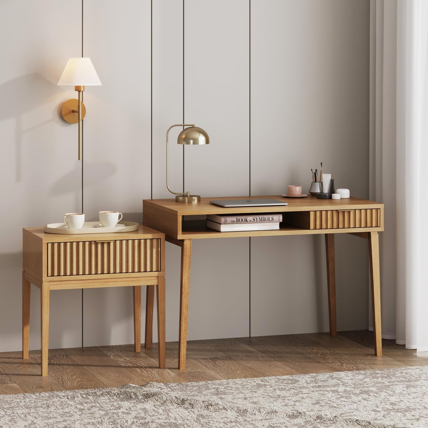 Nathan James Jasper Mid-Century Modern Desk Wall Unit, Vanity and Nightstand Set, Wood Desk with Drawer and Side Table