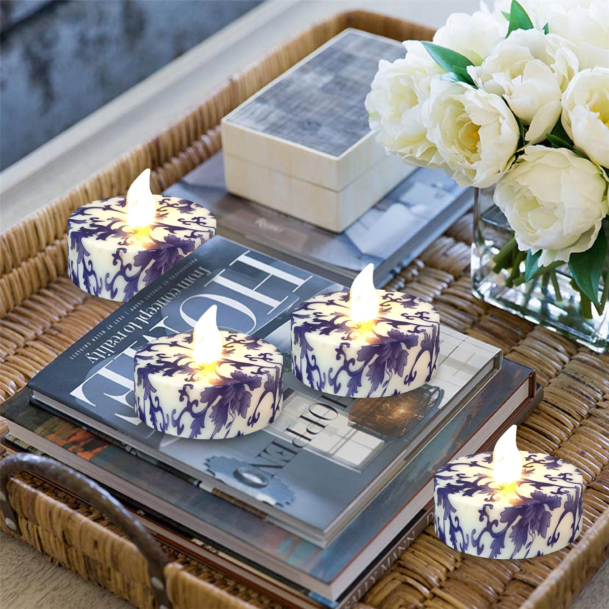 Gedengni Floral Flameless Tealights with Remote - 12 Pack Blue and White LED Tealight Candles Battery Operated Tea Lights Safe Realistic Flickering for Home Decor Wedding Party,TLT12P-BW