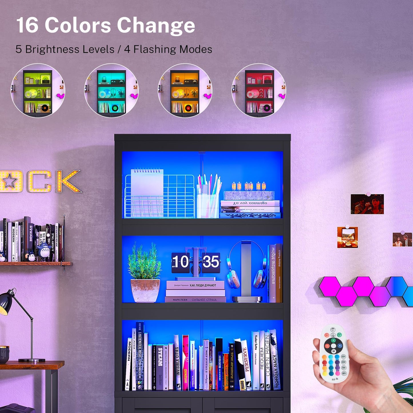 Book Shelf and Bookcase with Doors, 5-Tier Display Storage Cabinet with Adjustable Shelves, Open Compartments, Remote Control LED Lights, Tall cabinet for Bathroom Kitchen Living Room, Home Office