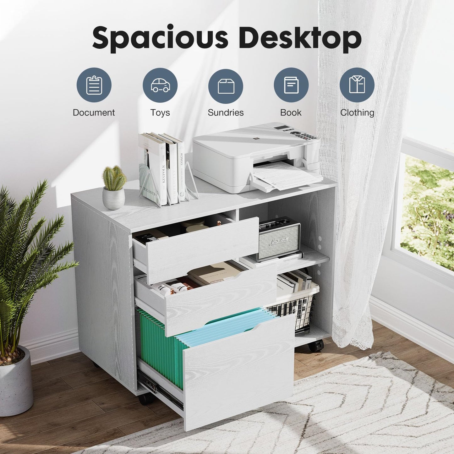 DUMOS Rolling File Cabinet with 3 Drawers, Wood Under Desk Printer Stand with Wheels and Adjustable Shelves, Lateral Filing Cabinet for Home Office, Small Space Storage Organizer, White