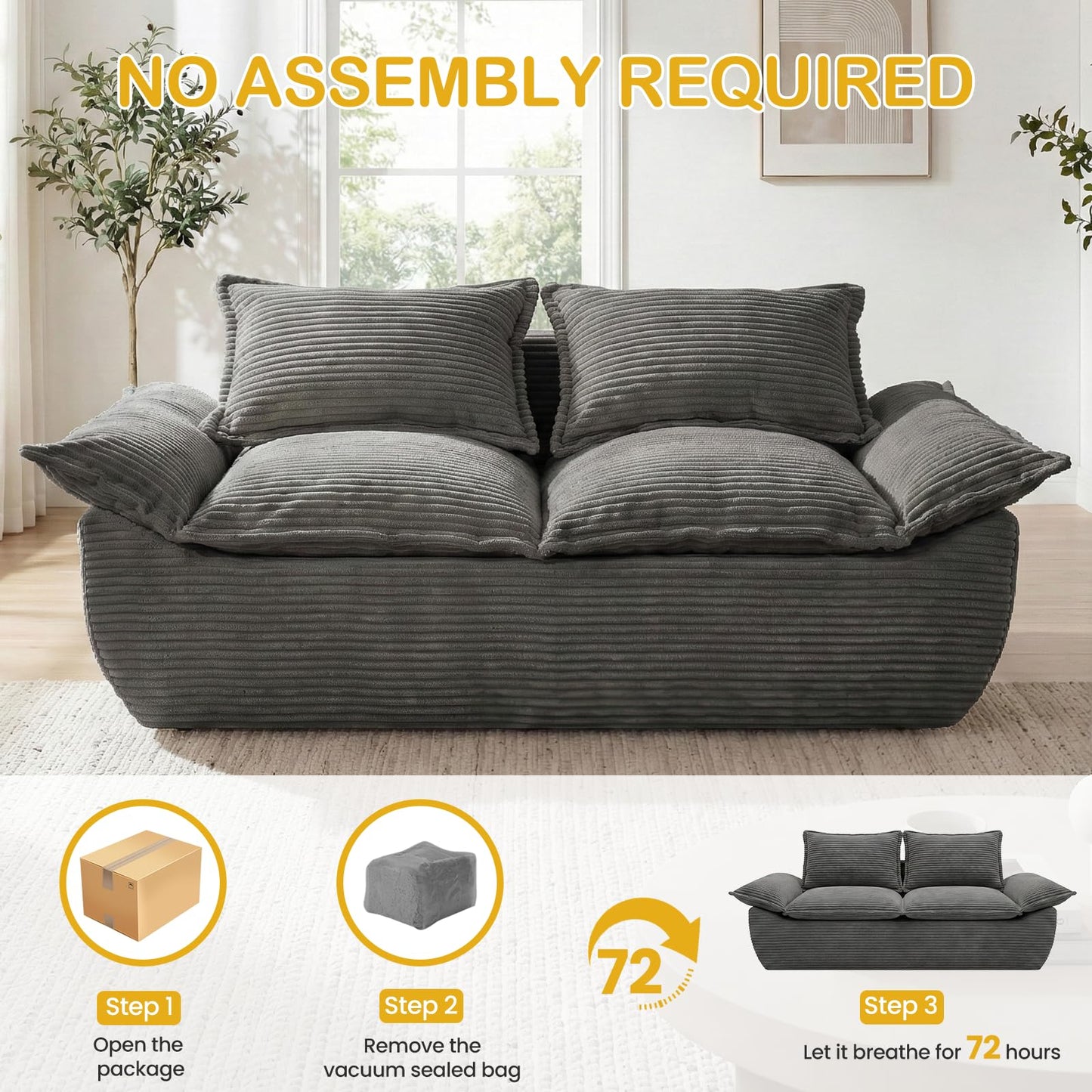 AOLVDOW Boneless Loveseat 56", 2-Seater Gray Boneless Sofa with Removable Cushions & 2 Pillows, Small Boneless Couch Compress Foam Sofa for Living Room, Apartments, & Office