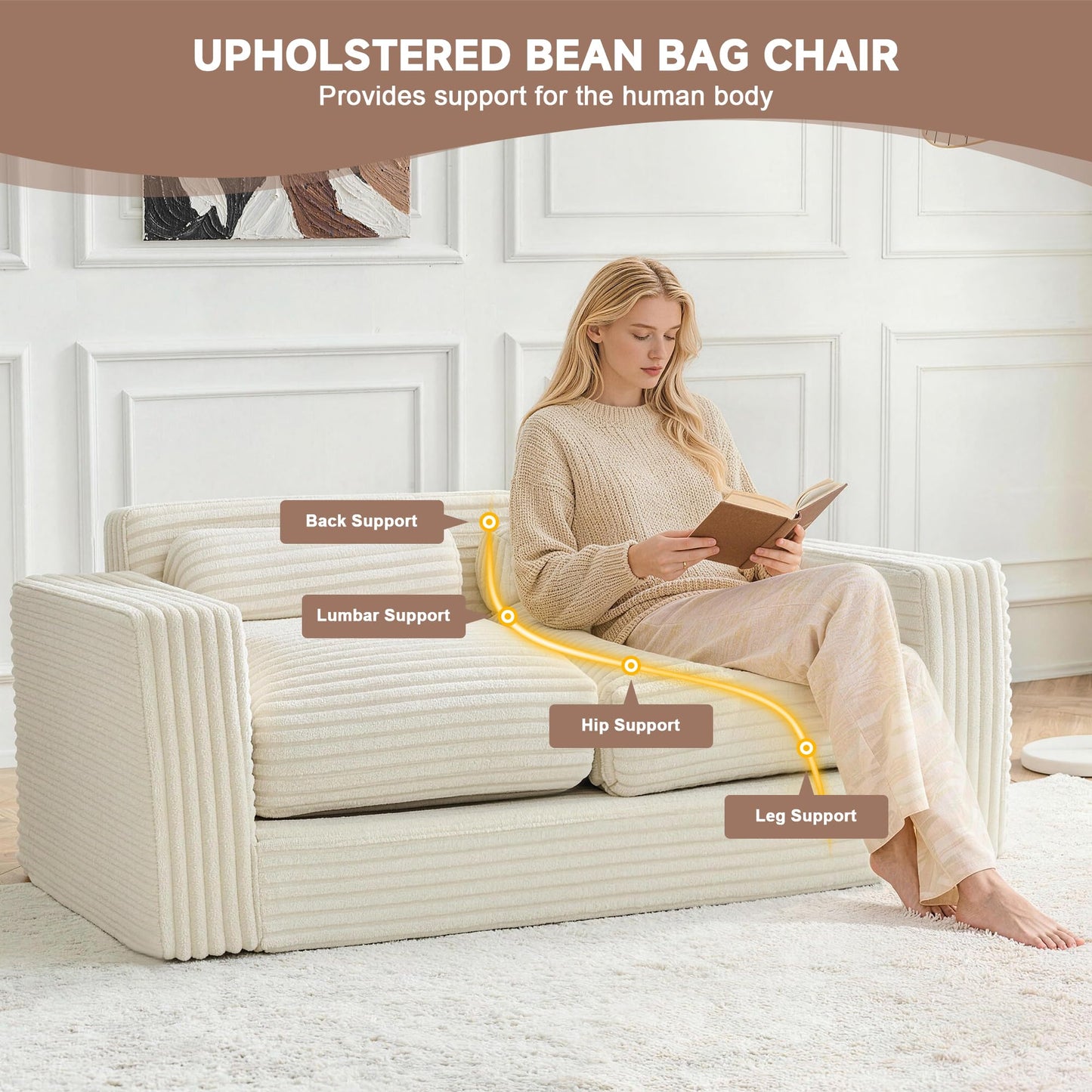 Paxato Bean Bag Chair Couch, Two Seat Giant Bean Bag Sofa for Adults, Boneless Loveseat Floor Sofa Couches for Living Room, Small Couch for Bedroom, Apartment, Office (Beige)