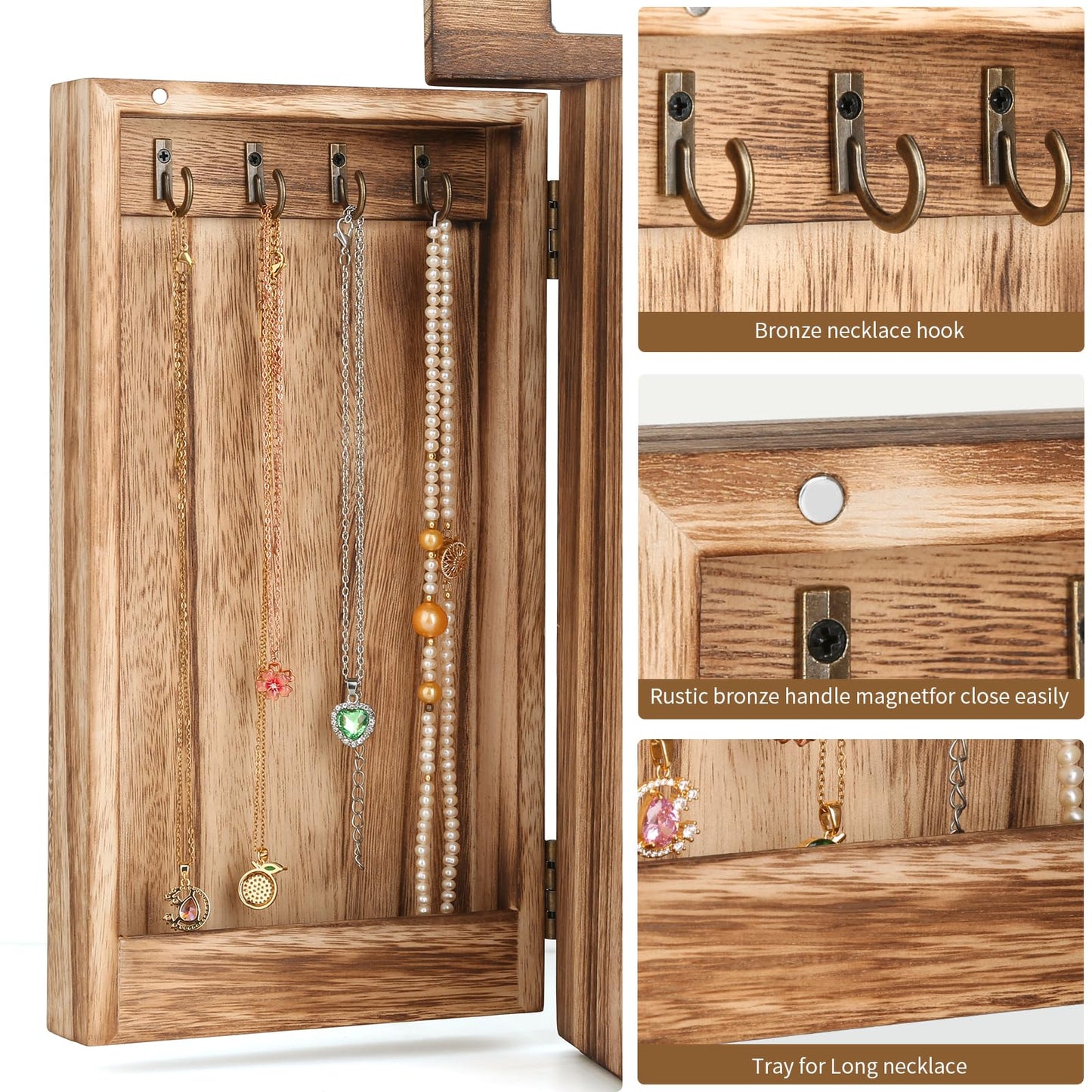 Meangood Jewelry Box Jewelry Organizer, 5-Layer Wooden Jewelry Organizers and Storage Boxes for Women Girls, Ring Earring Bracelet Necklace Holder Organizer with Mirror & Drawers (Carbonized Black)