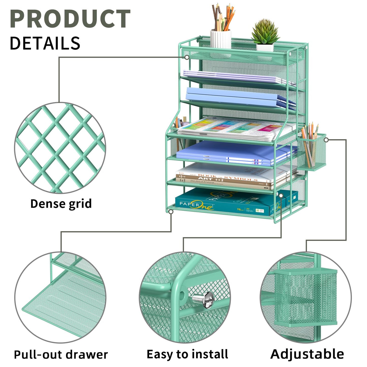 handimp Green 7 Tier Office File Organizer, Letter Tray Paper Organizer with Pen Holder and Metal Hanging Basket, Vertical Desktop File Holder for Home Office Organization