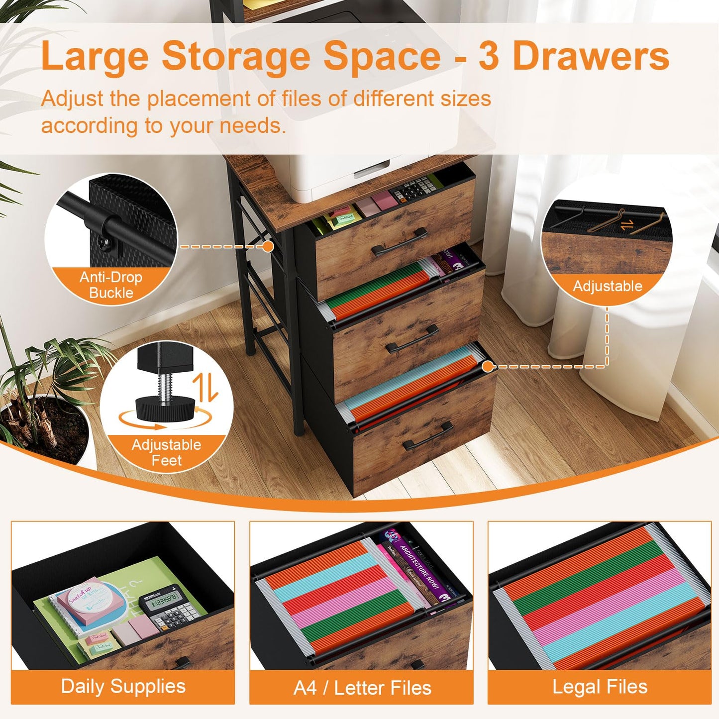 Snughome 3 Drawer Tall File Cabinet with 19.7'' Extended Desktop, 3-Tier Filing Cabinet for Home Office 51.6''H Vertical File Cabinet Printer Stand with Drawers, Fits A4/Letter/Legal,Rustic Brown