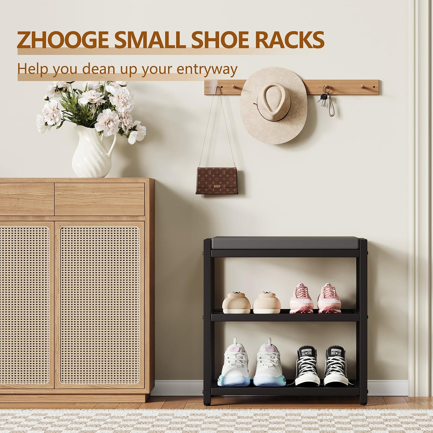 ZHOOGE Small Shoe Bench Shoe Rack Storage Bench Entryway Bench Shoe Shelf with Seat Cushion, Stable Shoe Organizer for Entryway, Living Room, Bench Seat Holds Up to 300 lb, (17"x 10"x 16", L x W x H)