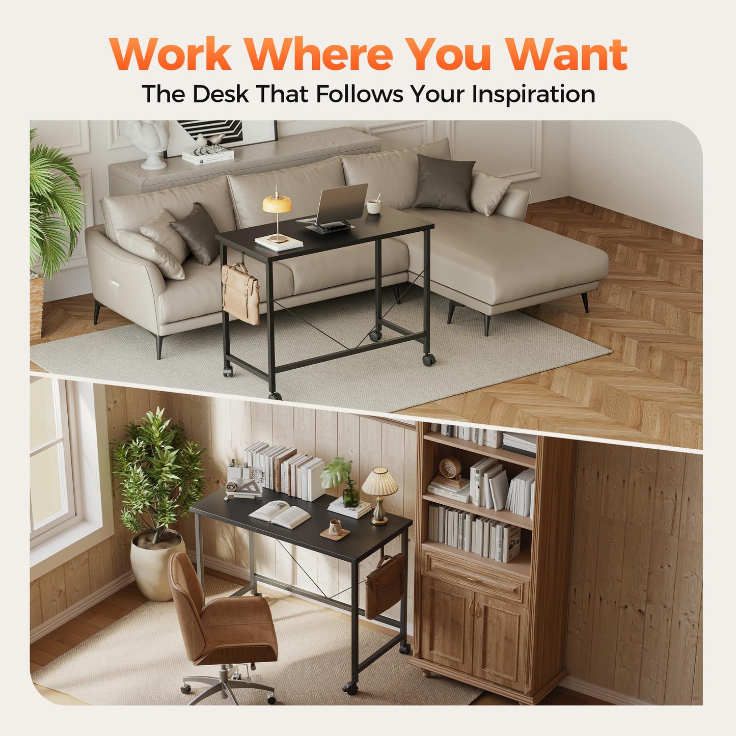 Mericonia 48 inch Rolling Computer Desk with Wheels, Gaming Desk for Small Spaces, Modern Simple Style Table for Home Office, Study Writing Table