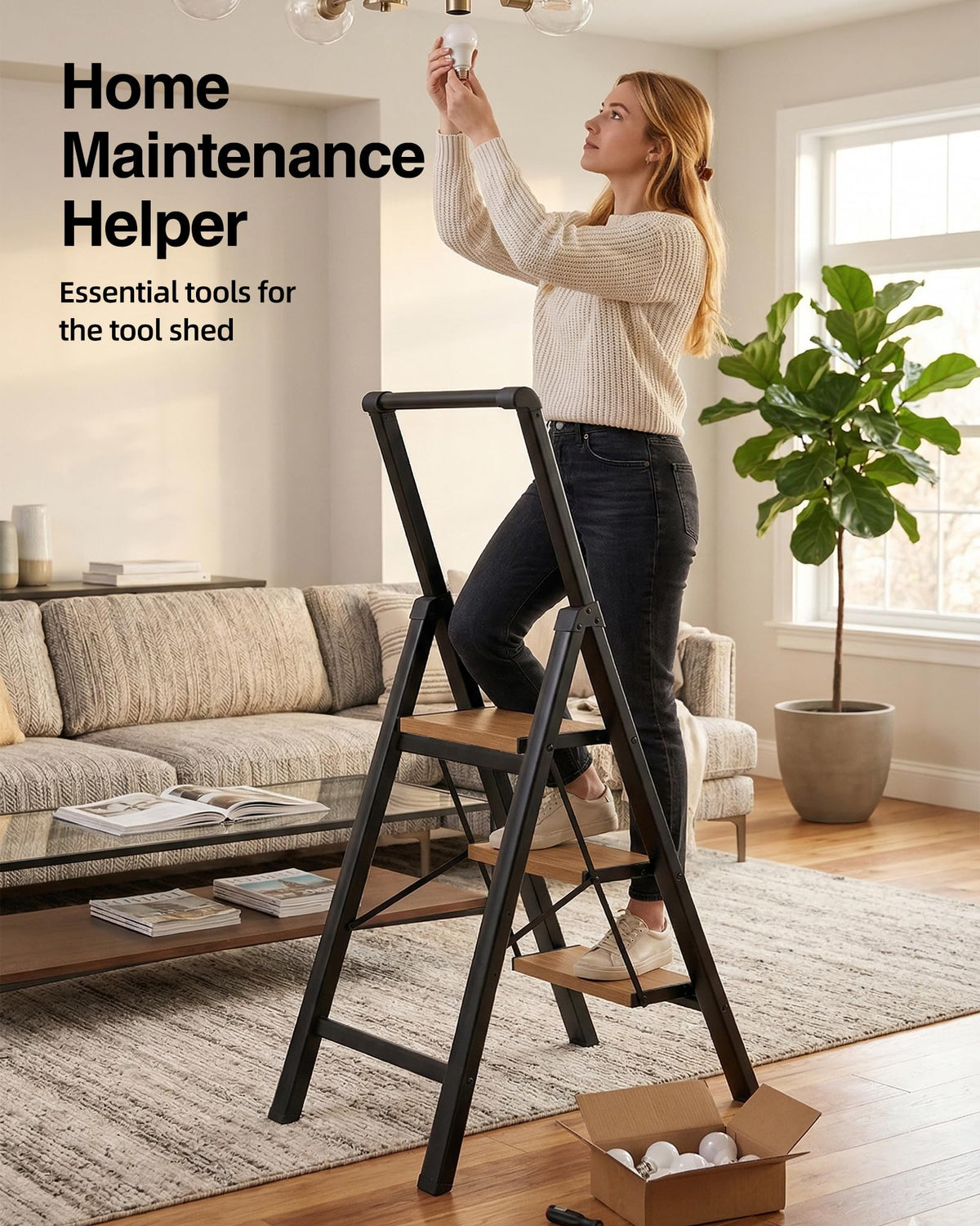 BEFITMACE 3 Step Ladder,Folding Step Stool with Aluminum Wide Pedal& Convenient Handgrip,330lbs Capacity Steel Ladder for Household and Office(Black &Woodgrain)