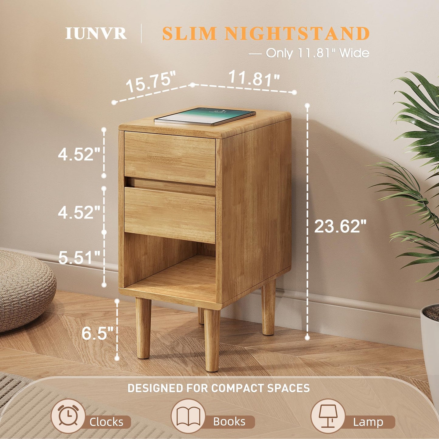 Nightstand 2 Drawers with Open Shelf Narrow Night Stand Solid Wood Bedside Table Mid Century Modern Nightstand Wooden End Table for Bedroom, Study, Office