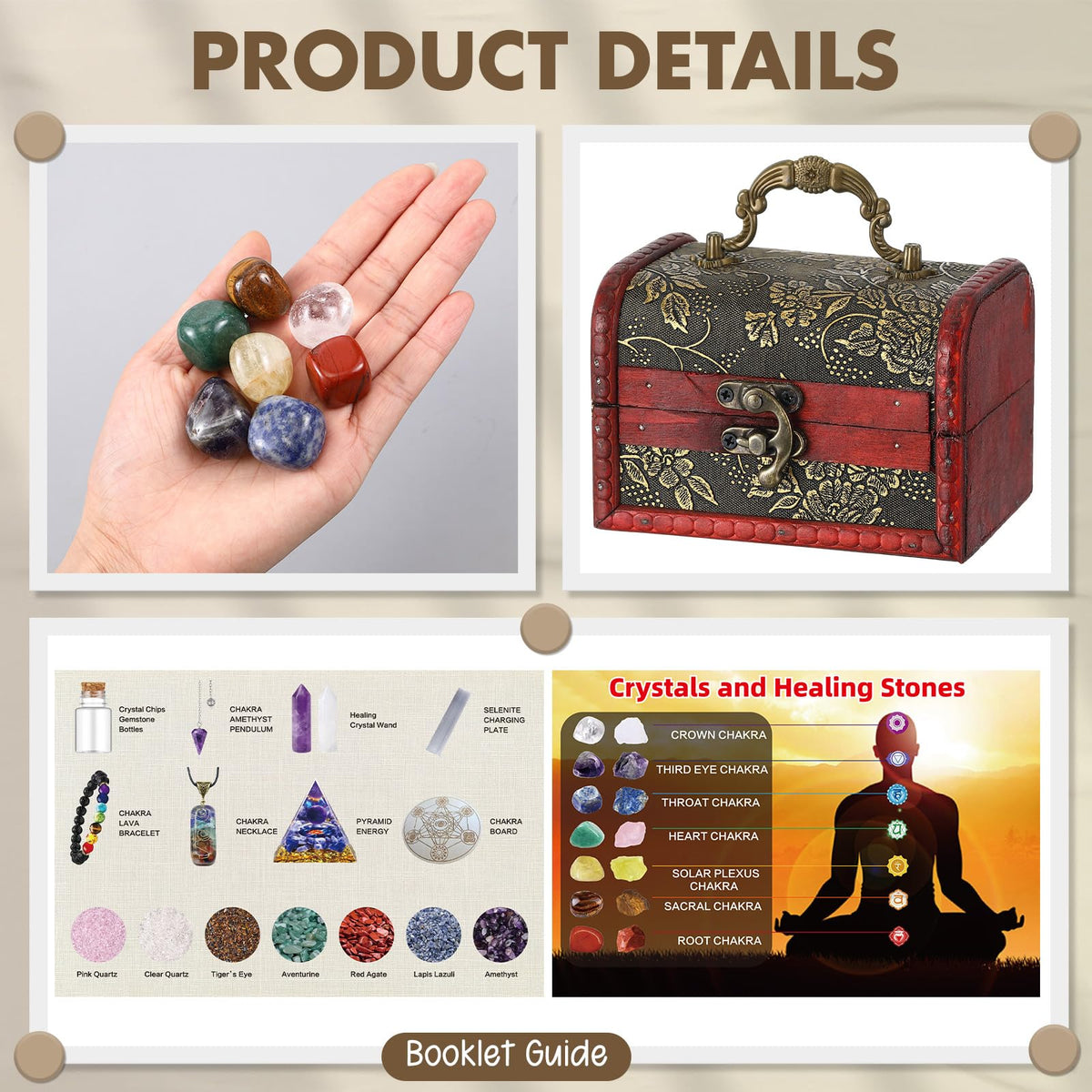 64 Pcs Crystals and Healing Stones Set for Meditation,7 Raw Chakra Stones Crystals Kit Pyramid Reiki Real Crystal Stone with Wooden Box, Lava Bracelet, Chakra Necklace, Gifts for Crystal Beginners