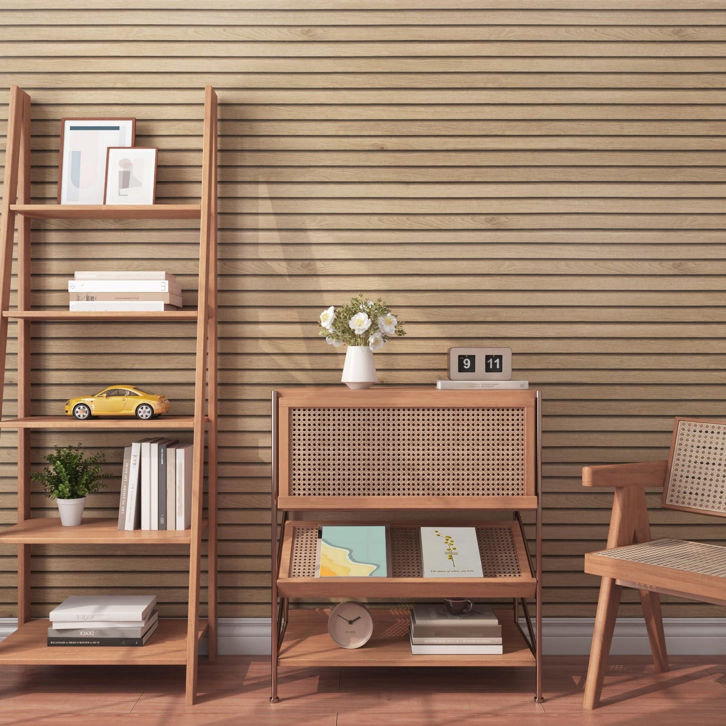 HelloWall 17.7x317 Slats Wood Wallpaper Peel and Stick Wood Slat Contact Paper Slat Wall Panel Peel and Stick for Table Removable Wooden Wallpaper Waterproof Self Adhesive Wall Paper for Accent Walls