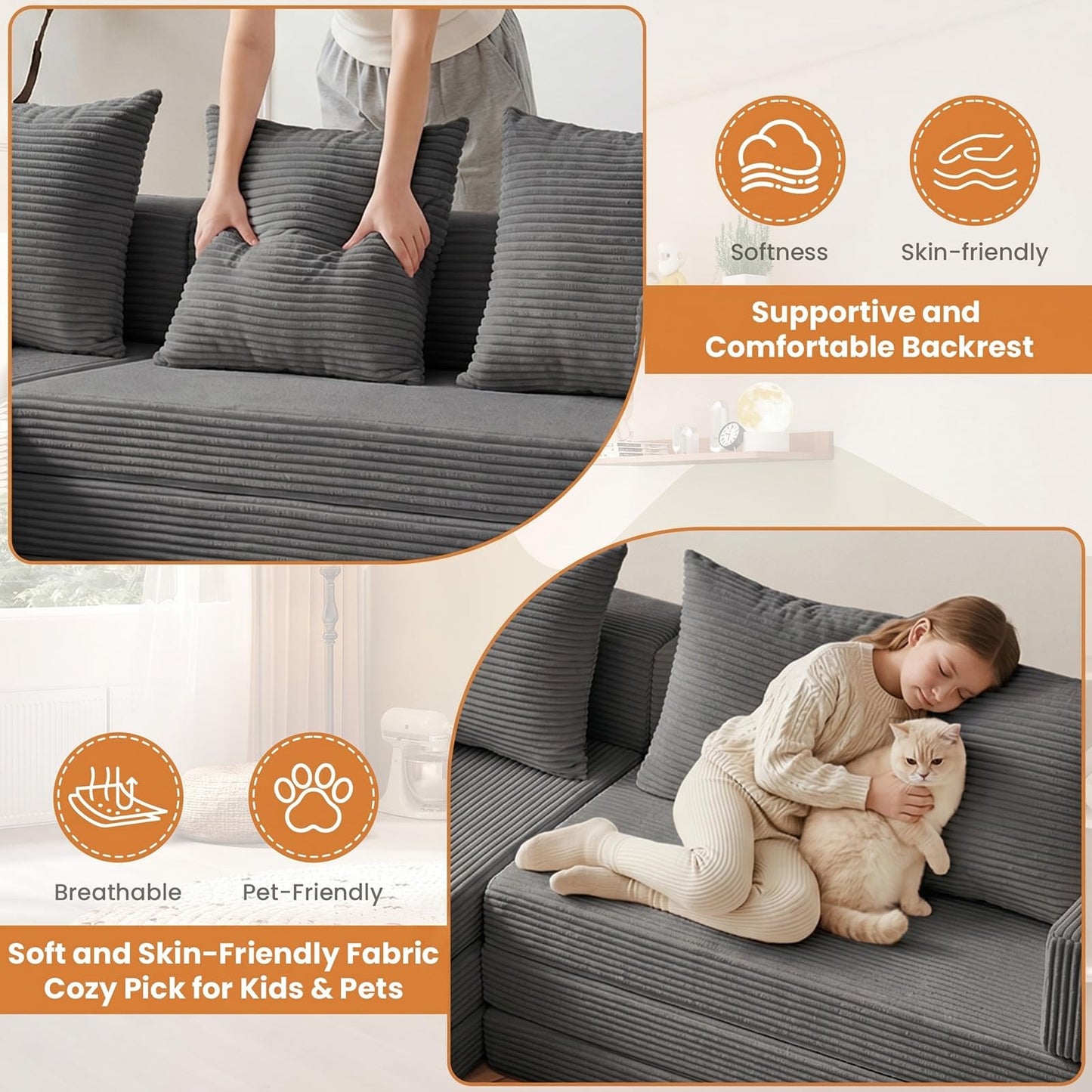79" Modular Sectional Sofa, Boneless Convertible Sleeper Sofa Bed, Modern Tri-Folding Cloud Couch with L-Shape Chaise, Corduroy Futon for Living Room Small Spaces Apartment, No Assembly,Grey
