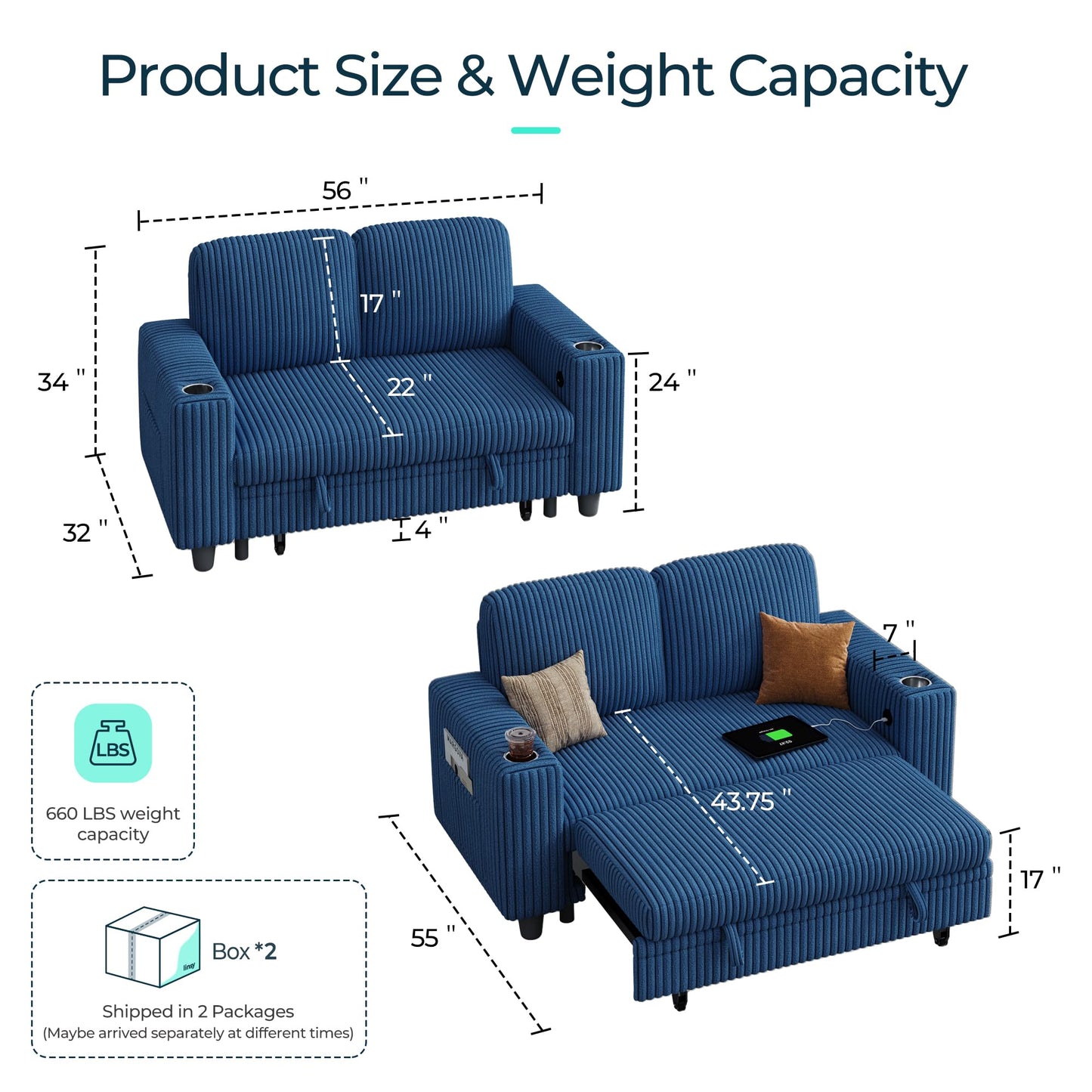 LINSY HOME Loveseat Sofa with Pull Out Couch Chaise: 2-in-1 Convertible 2 Seater Sofa with USB Charging & Cup Holders, Comfy Plush Corduroy Love Seat for Small Spaces Living Room Apartment, Blue