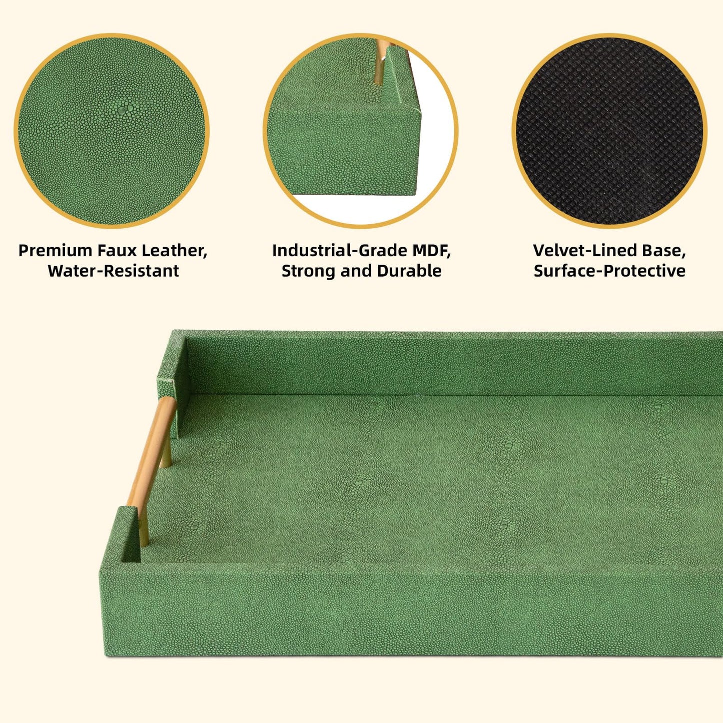 UPPER DECOR Decorative Tray Set of 2, Green Shagreen Leather Tray, Modern Elegant Rectangle Serving Trays with Gold Polished Metal Handles, Ottoman Trays Coffee Table Perfume Kitchen Home Decor