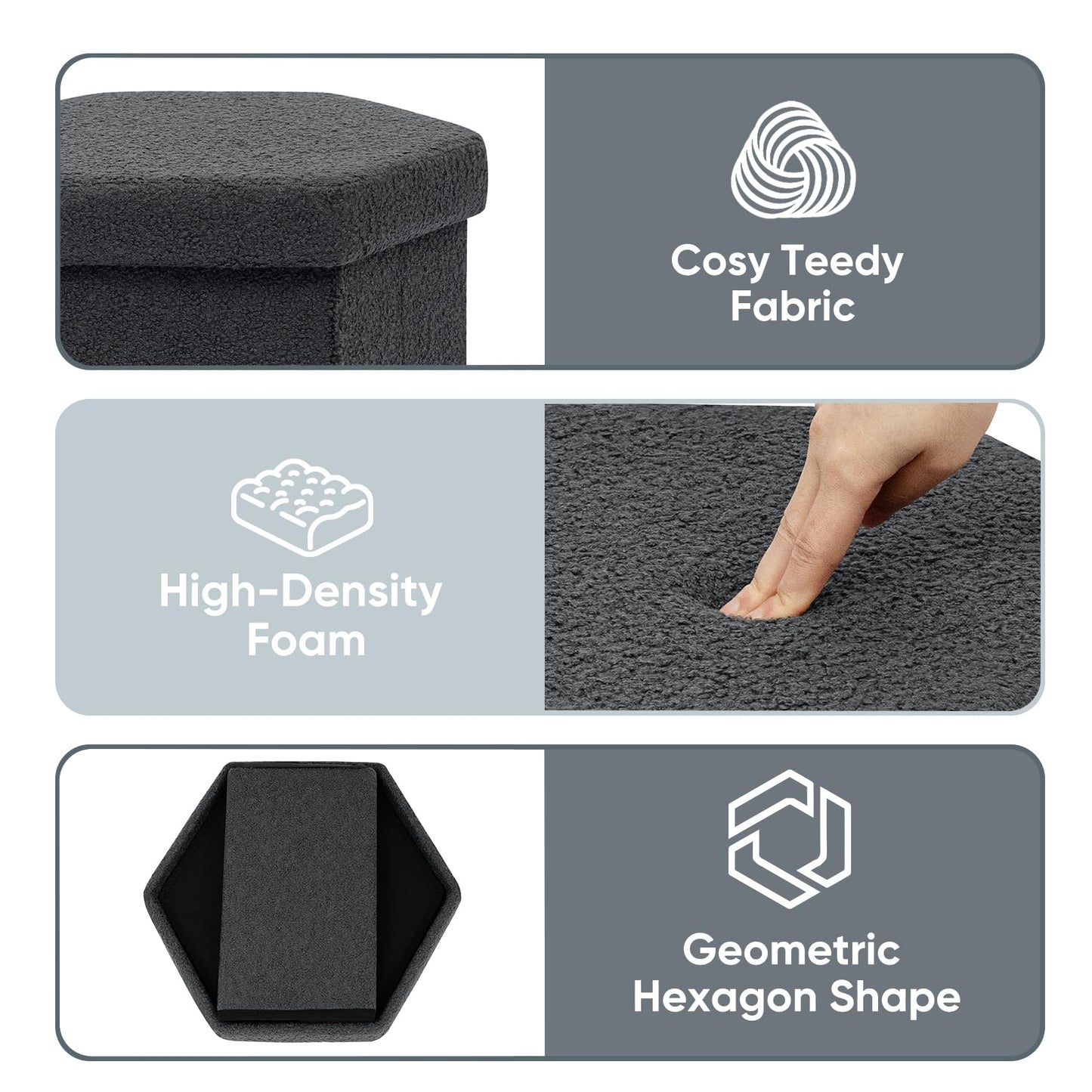 ZOLANOful Hexagon Storage Ottoman, Foldable Boucle Footrest with Hidden Storage, Upholstered Ottoman Footstool for Living Room, Bedroom, Dorm, Entryway, 15 x 16.9 x 15 Inches, Darkgrey